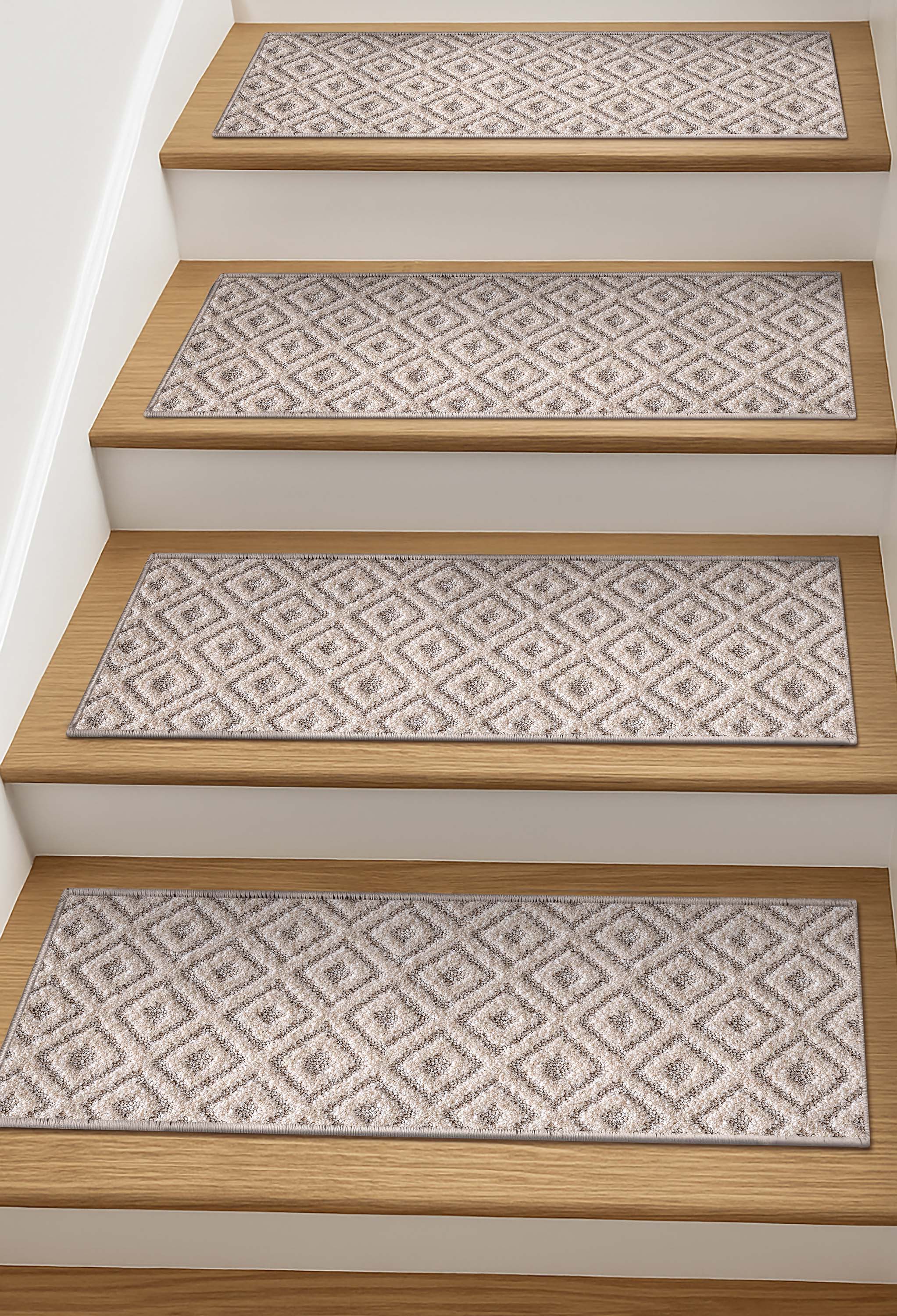 Pia Beige and Grey Stair Tread Rugs - Well Woven - Pia Beige and Grey Stair Tread Rugs on wooden stairs