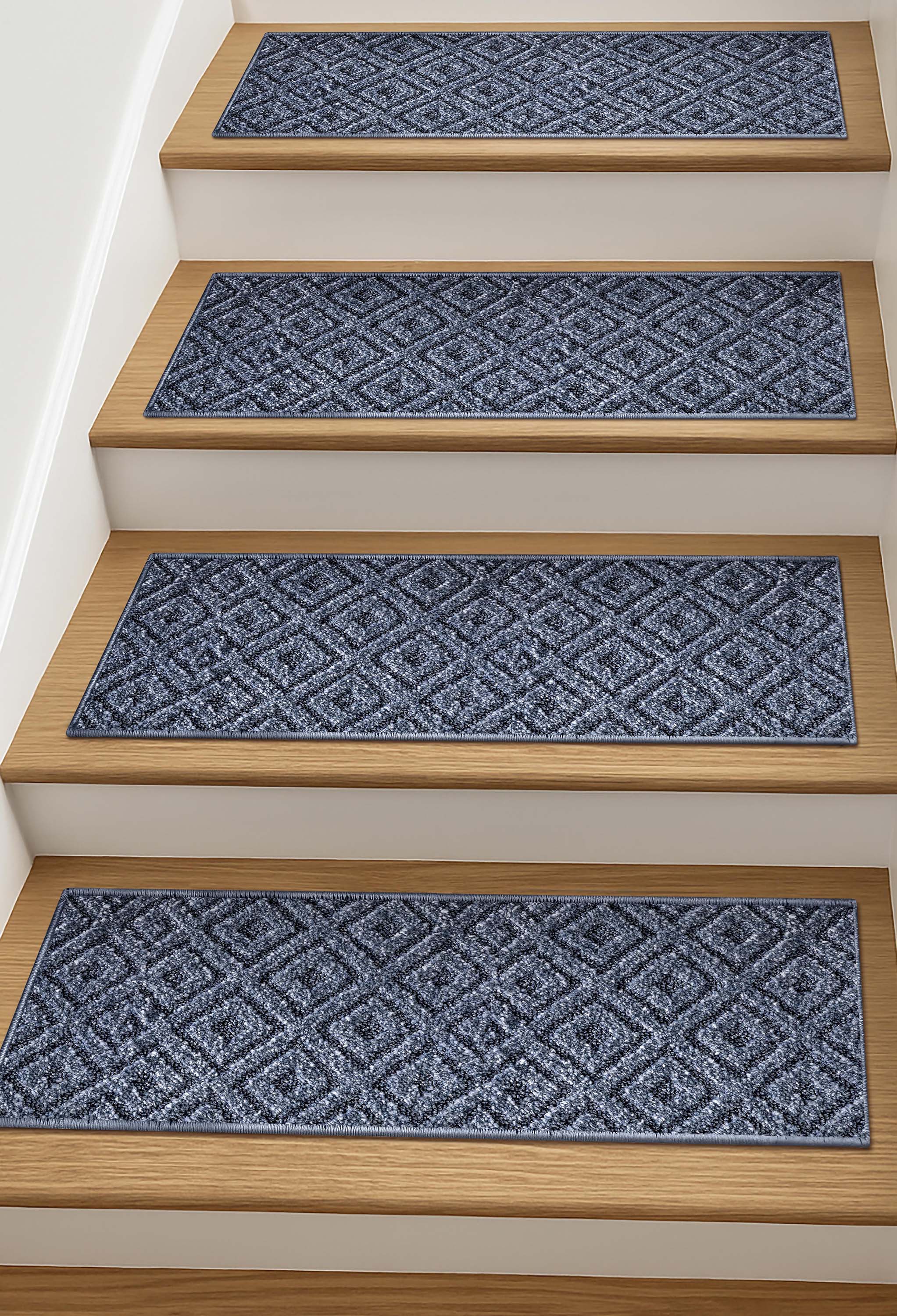 Pia Light Blue Stair Tread Rugs - Well Woven - Pia Light Blue Stair Tread Rugs on wooden steps