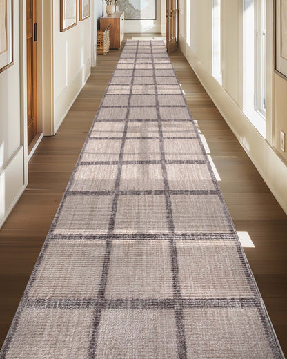 Custom Size Runner Hav Geometric Plaid Ivory Choose Your Width x Choose Your Length - Perfect For Hallway, Stairs & Kitchen