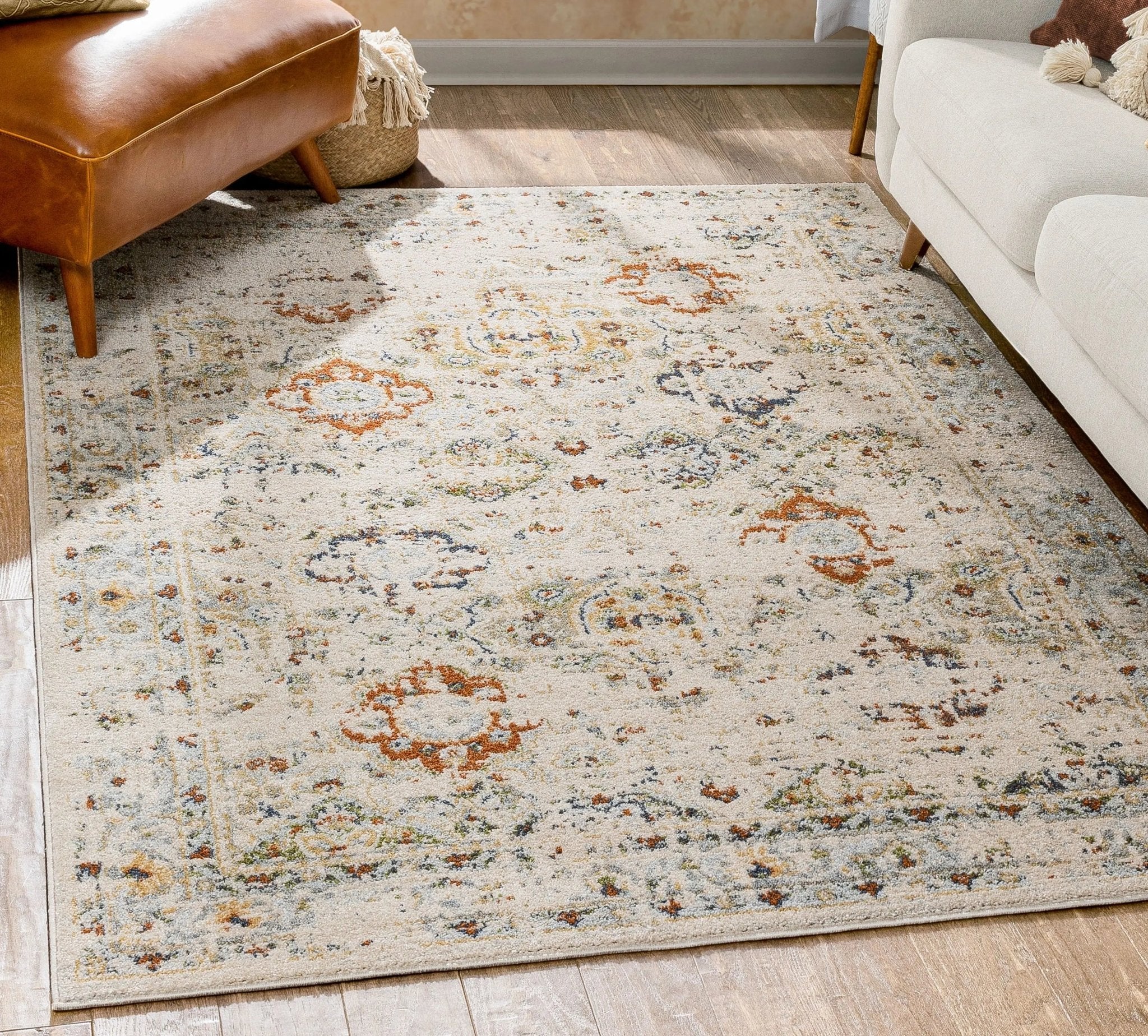 Kian Cream Vintage Panel Distressed Rug Well Woven