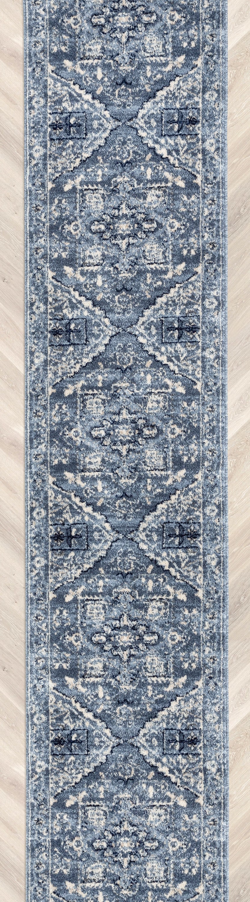 Custom Size Runner Camilla Farmhouse Medallion Denim Blue Choose Your Width x Choose Your Length Hallway Runner Rug