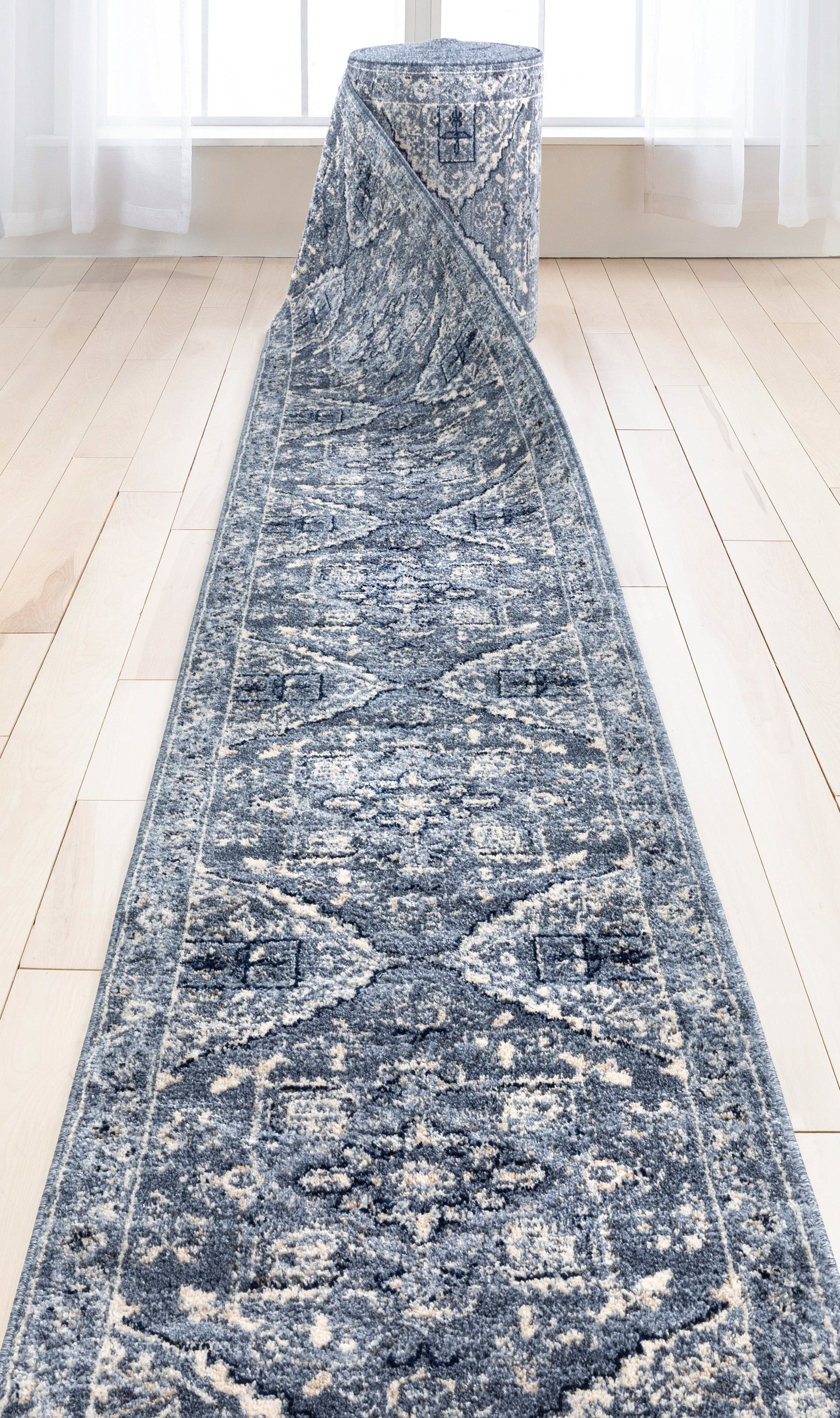 Custom Size Runner Camilla Farmhouse Medallion Denim Blue Choose Your Width x Choose Your Length Hallway Runner Rug