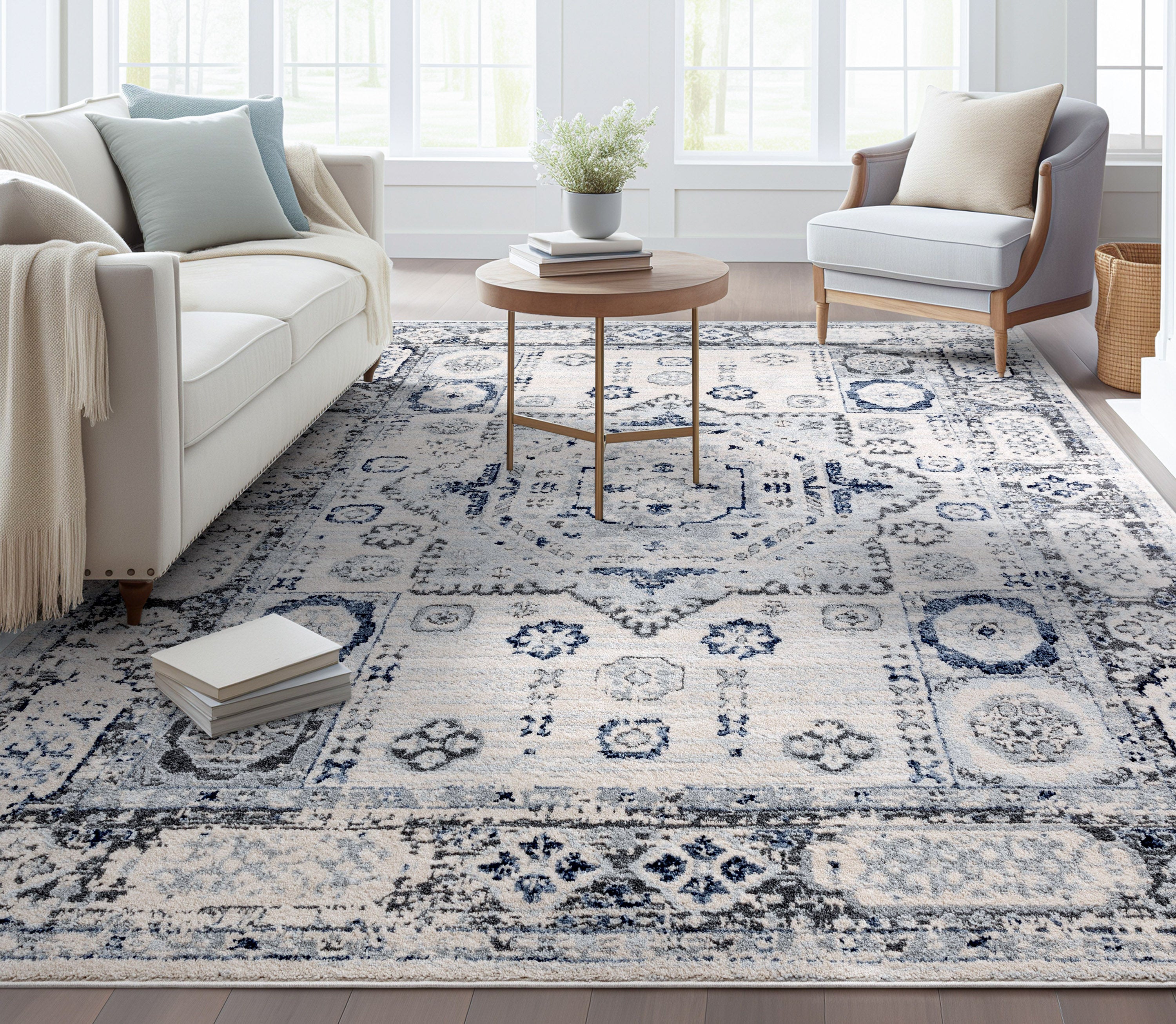 Leon Medallion Ivory Blue Beige Rug For Living Room, Bedroom, and Dining Room