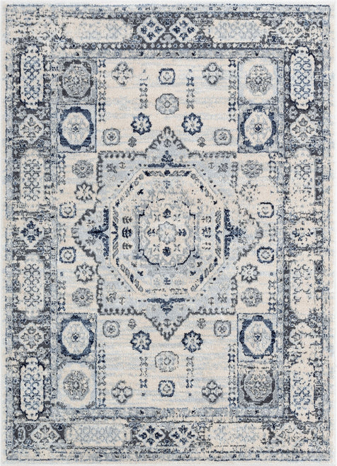 Leon Medallion Ivory Blue Beige Rug For Living Room, Bedroom, and Dining Room