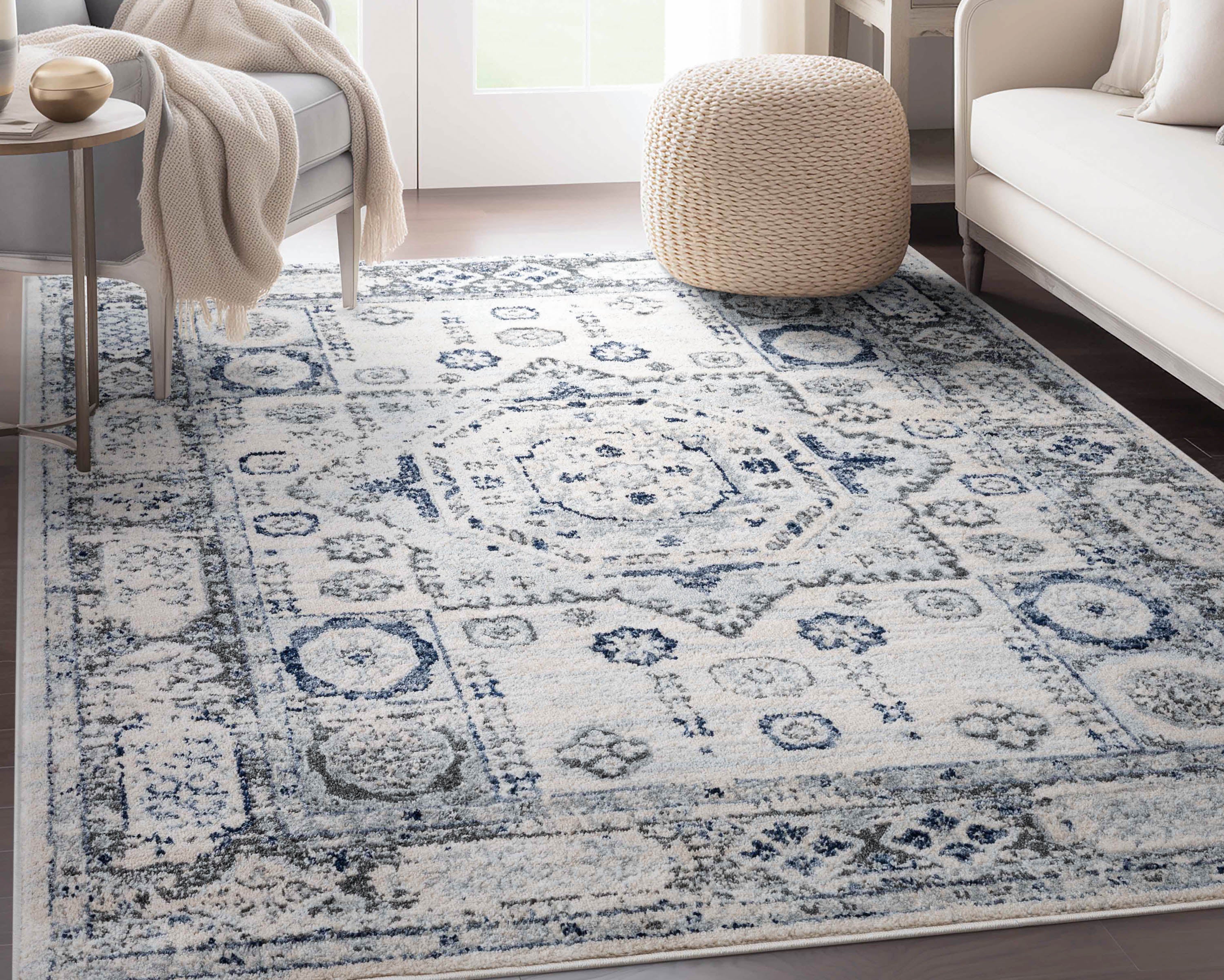 Leon Medallion Ivory Blue Beige Rug For Living Room, Bedroom, and Dining Room