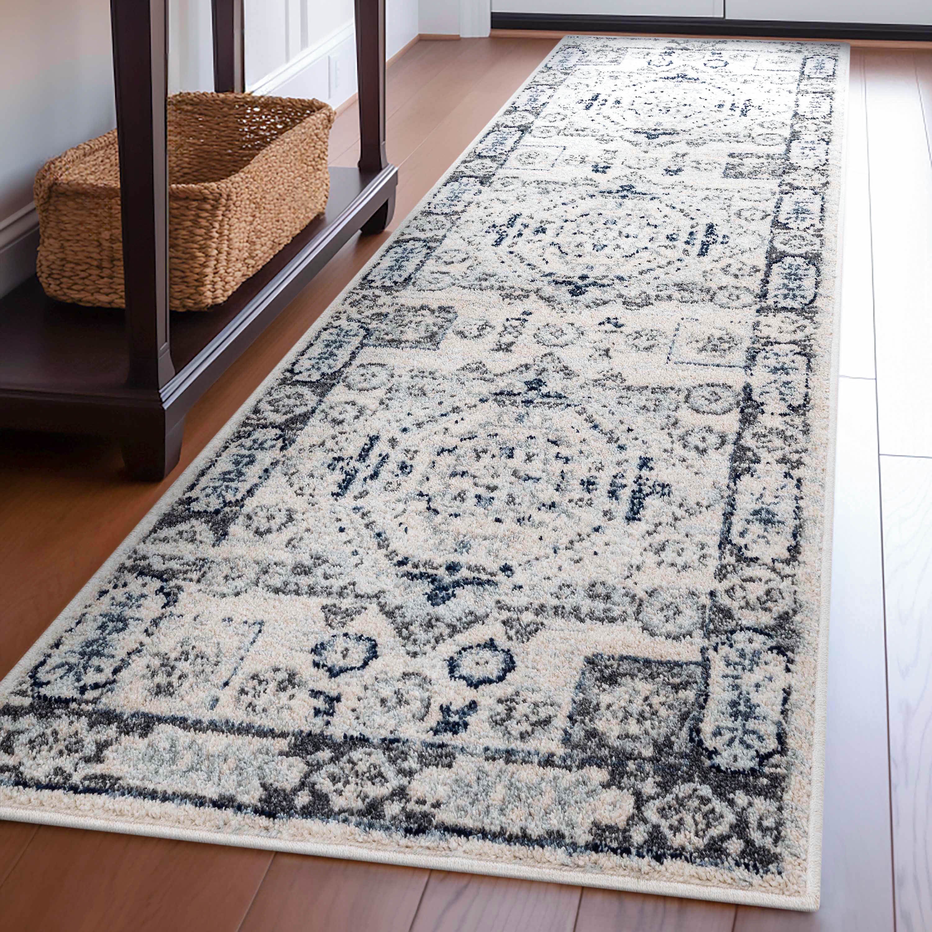 Leon Medallion Ivory Blue Beige Rug For Living Room, Bedroom, and Dining Room