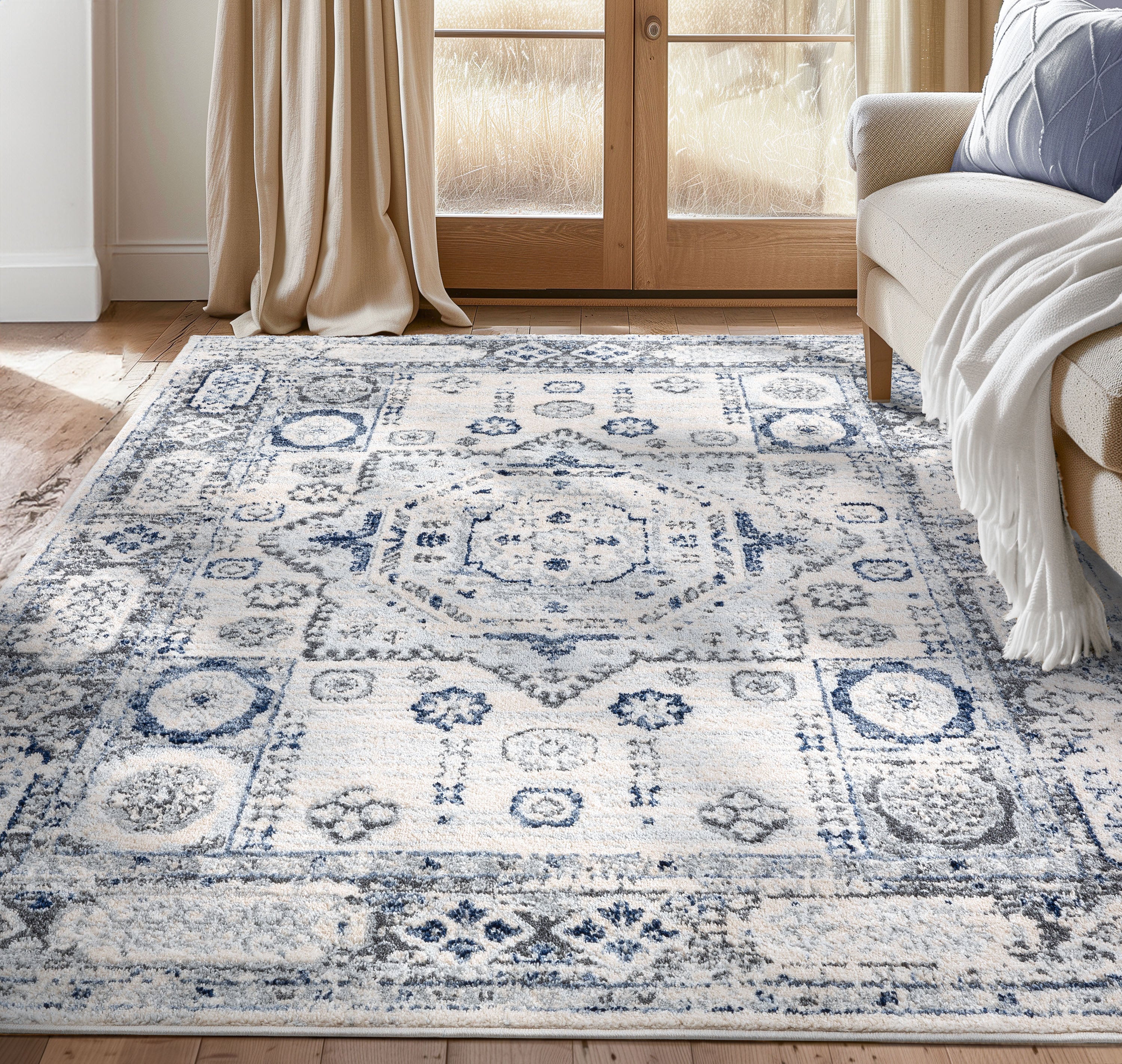 Leon Medallion Ivory Blue Beige Rug For Living Room, Bedroom, and Dining Room