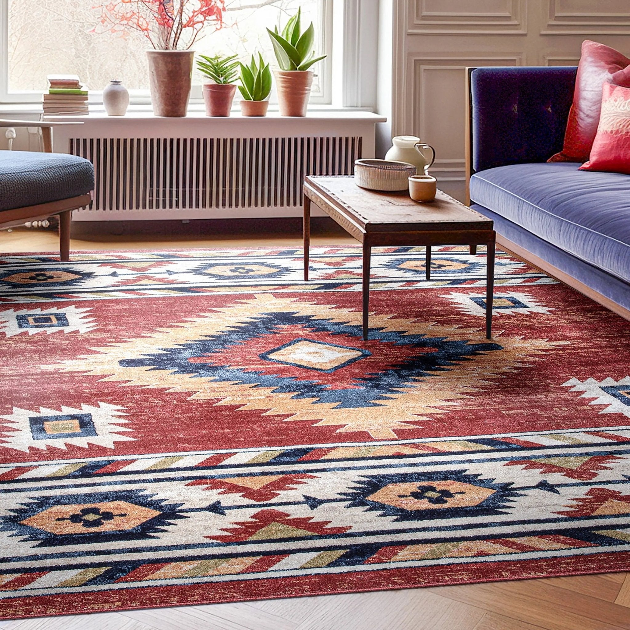 Lea Crimson Traditional Southwestern Tribal Rug Well Woven
