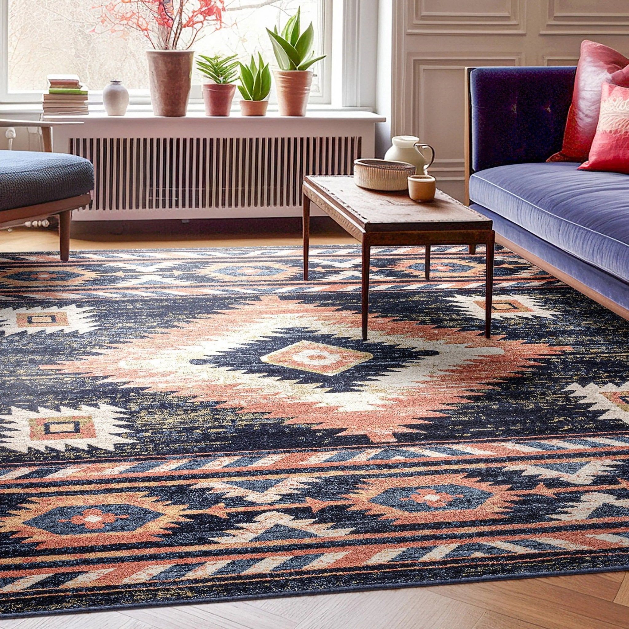 Lea Blue Traditional Southwestern Tribal Rug Well Woven