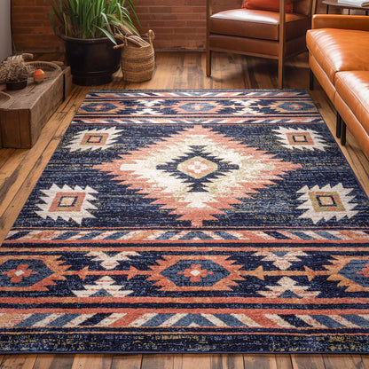 Lea Blue Traditional Southwestern Tribal Rug