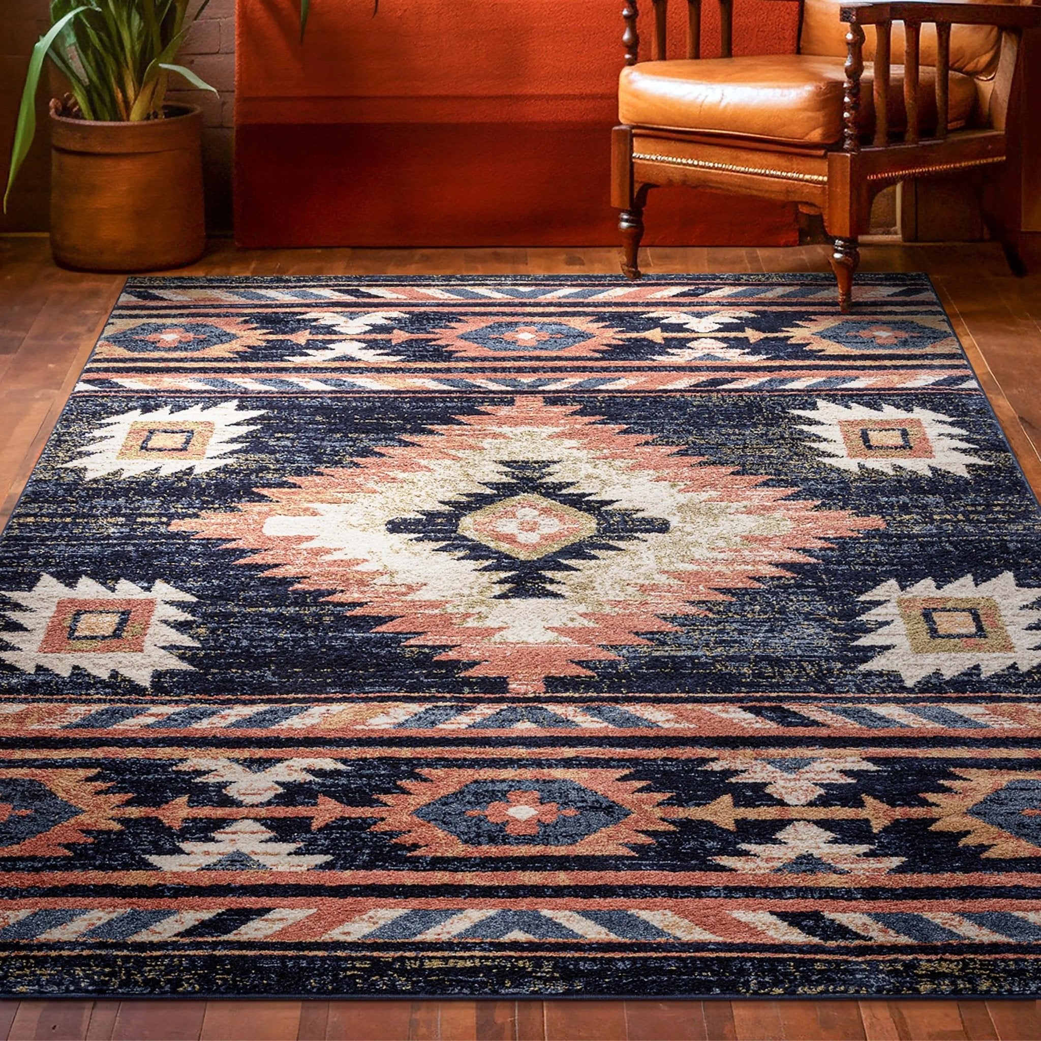 Lea Blue Traditional Southwestern Tribal Rug Well Woven