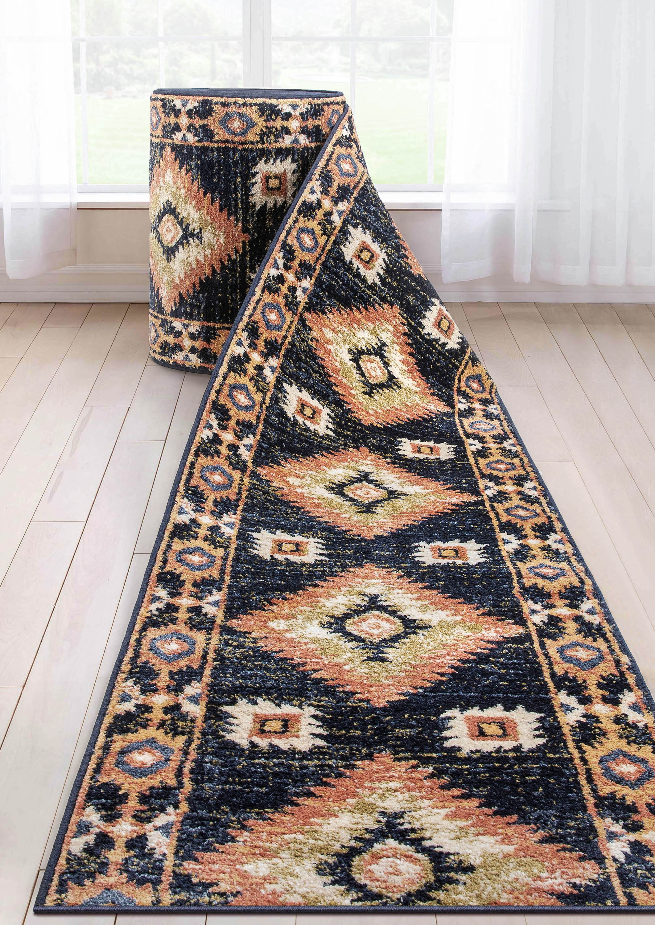 Custom Size Runner Lea Southwestern Tribal Blue Choose Your Width x Choose Your Length Hallway Runner Rug