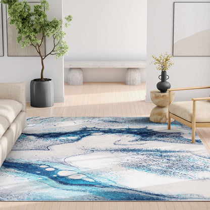 Tokyo Abstract Marble Blue Flatweave Rug