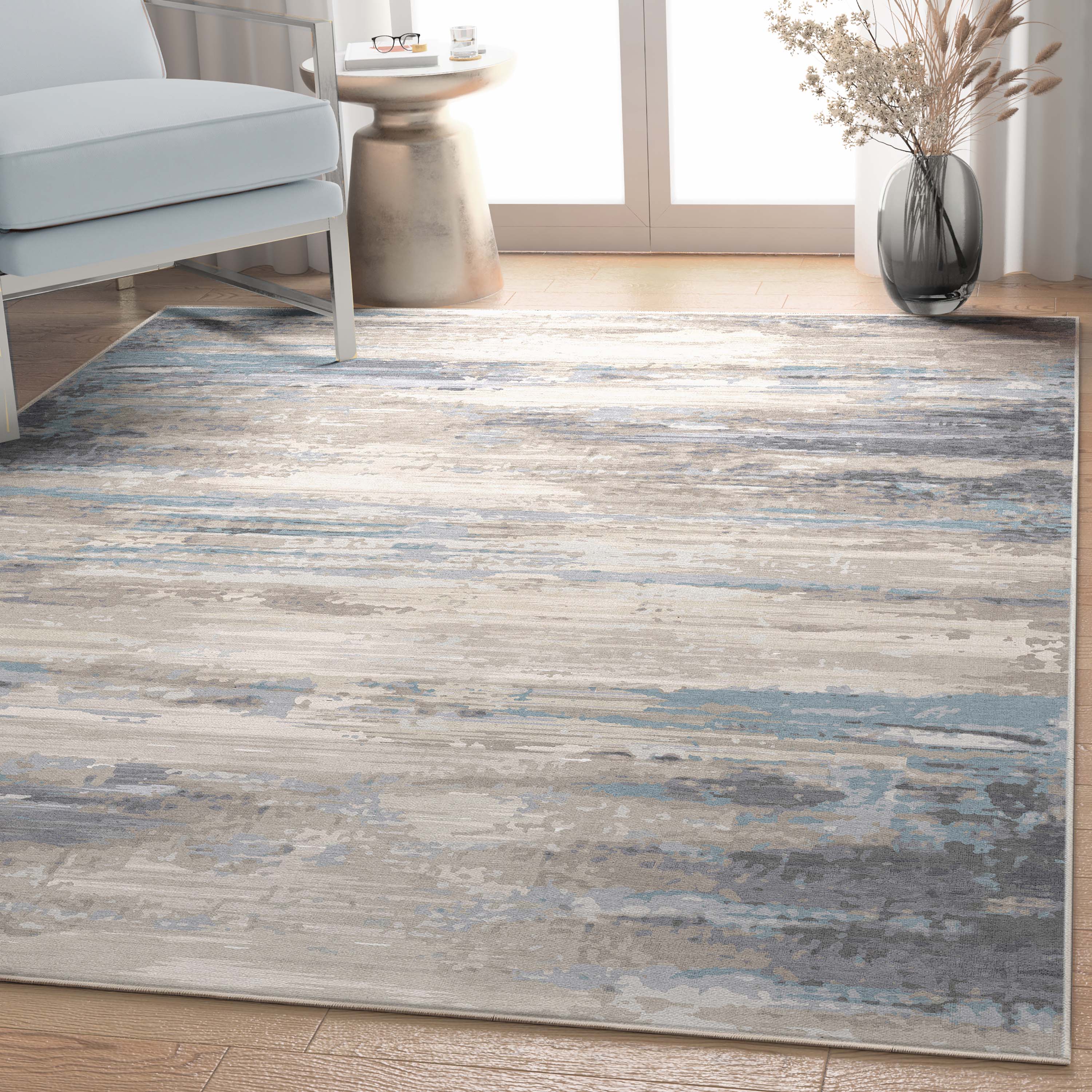 Tuscany Abstract Brushstroke Beige Blue Flatweave Rug