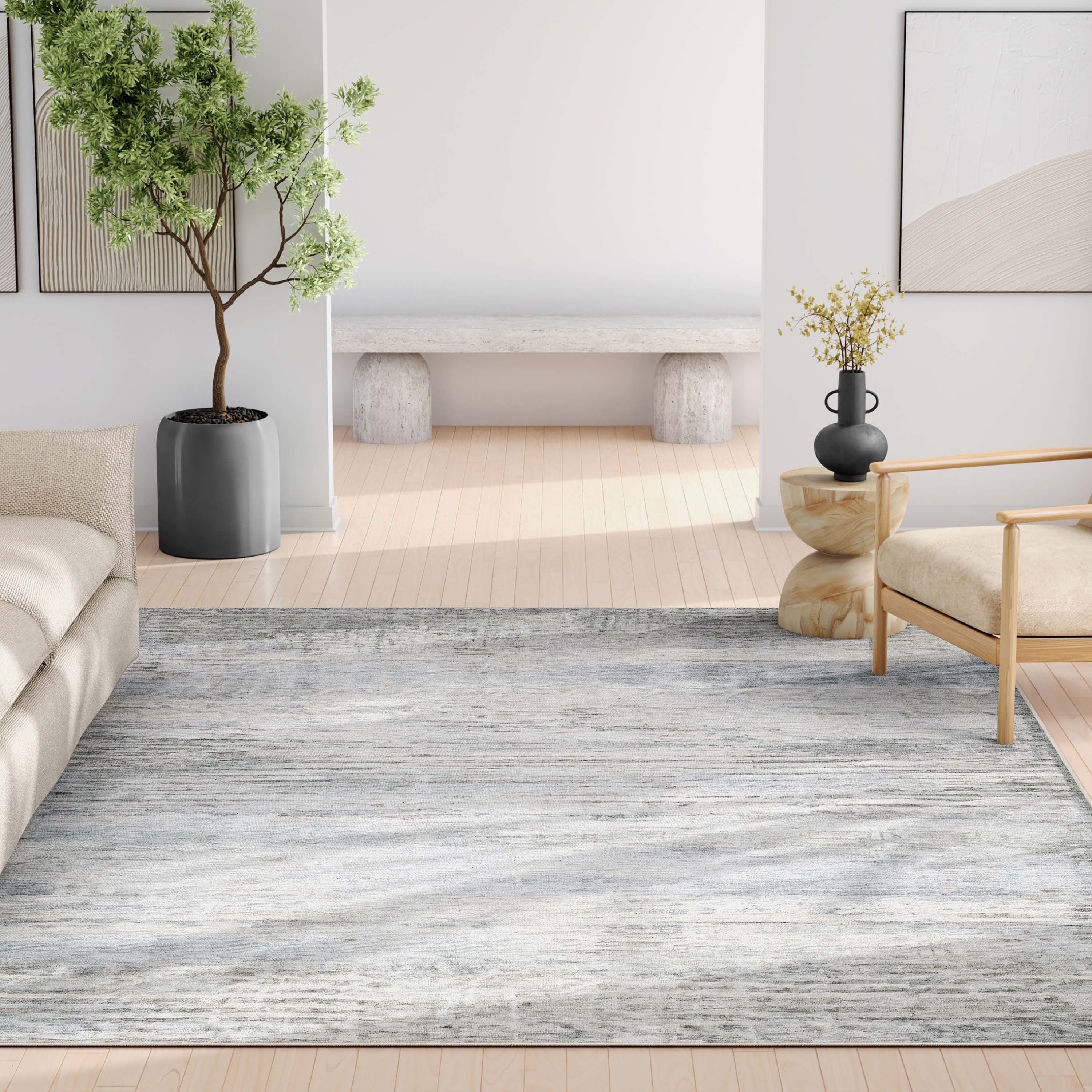 Bauhaus Abstract Geometric Lines Beige Blue Flatweave Rug