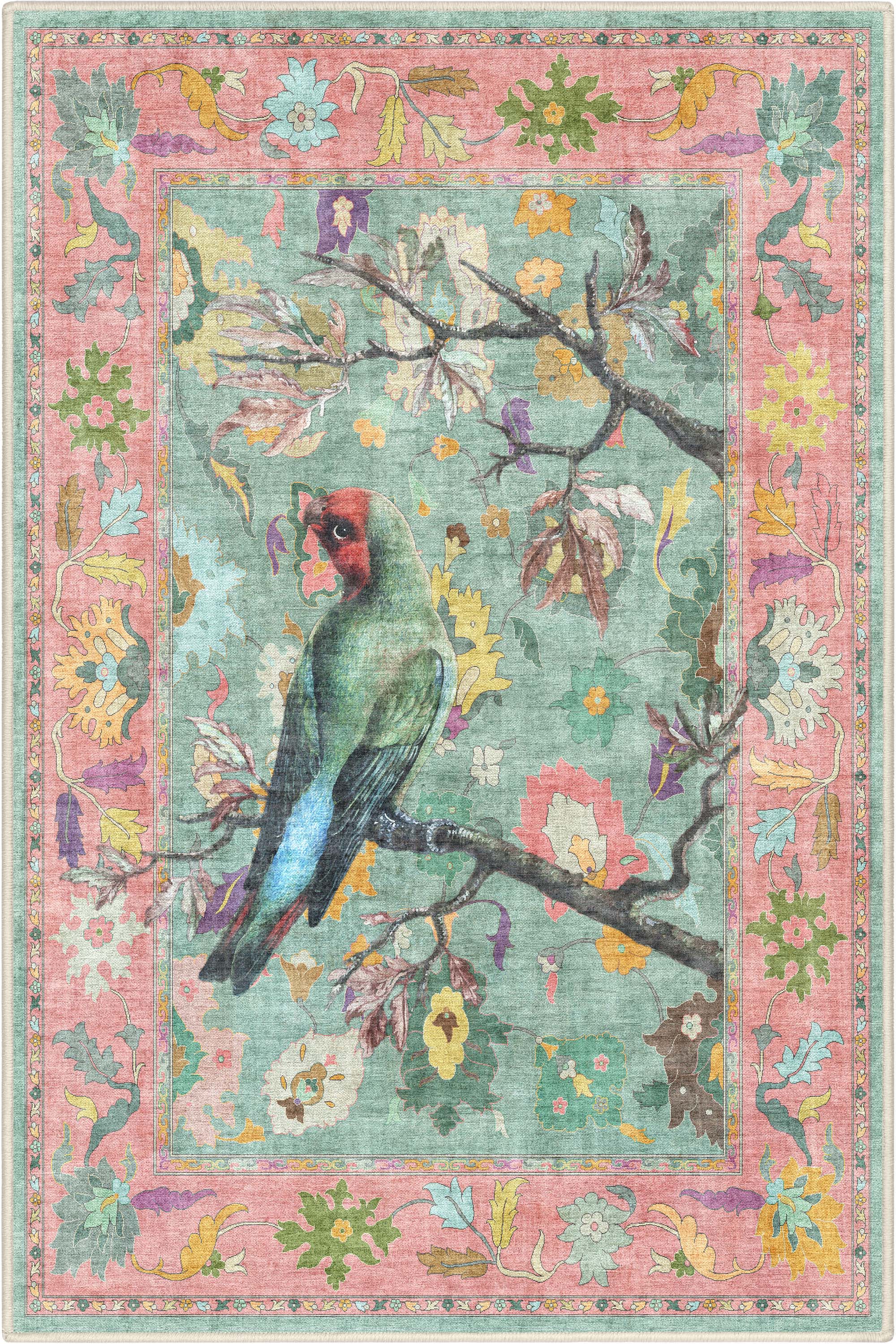 Apollo Botanical Birds Ushak Tropical Green Multi Color Rug Perfect for Living Room, Dining Room, Bedroom and Kitchen