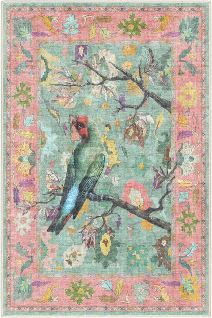 Apollo Botanical Birds Ushak Tropical Green Multi Color Rug Perfect for Living Room, Dining Room, Bedroom and Kitchen