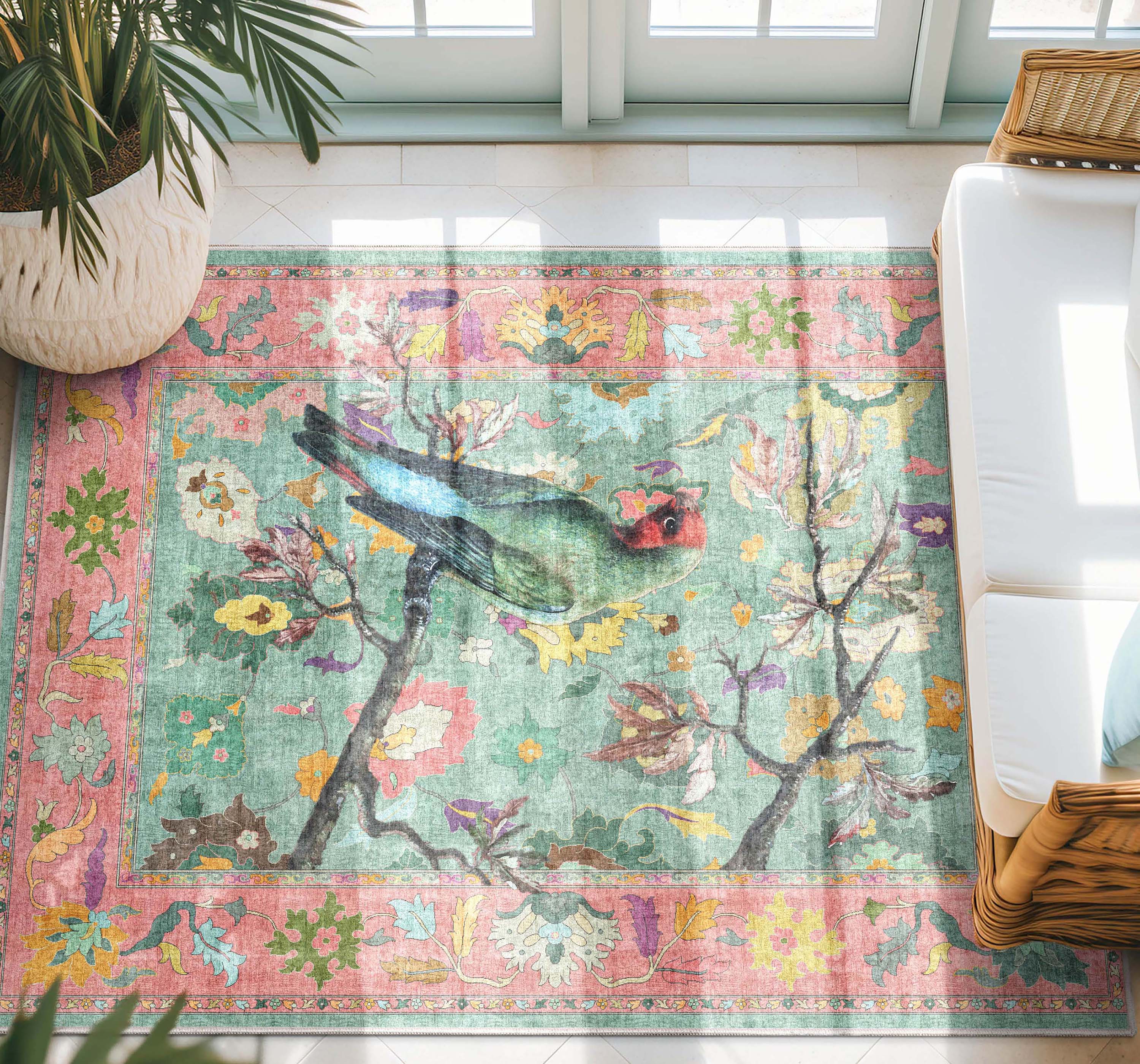 Apollo Botanical Birds Ushak Tropical Green Multi Color Rug Perfect for Living Room, Dining Room, Bedroom and Kitchen