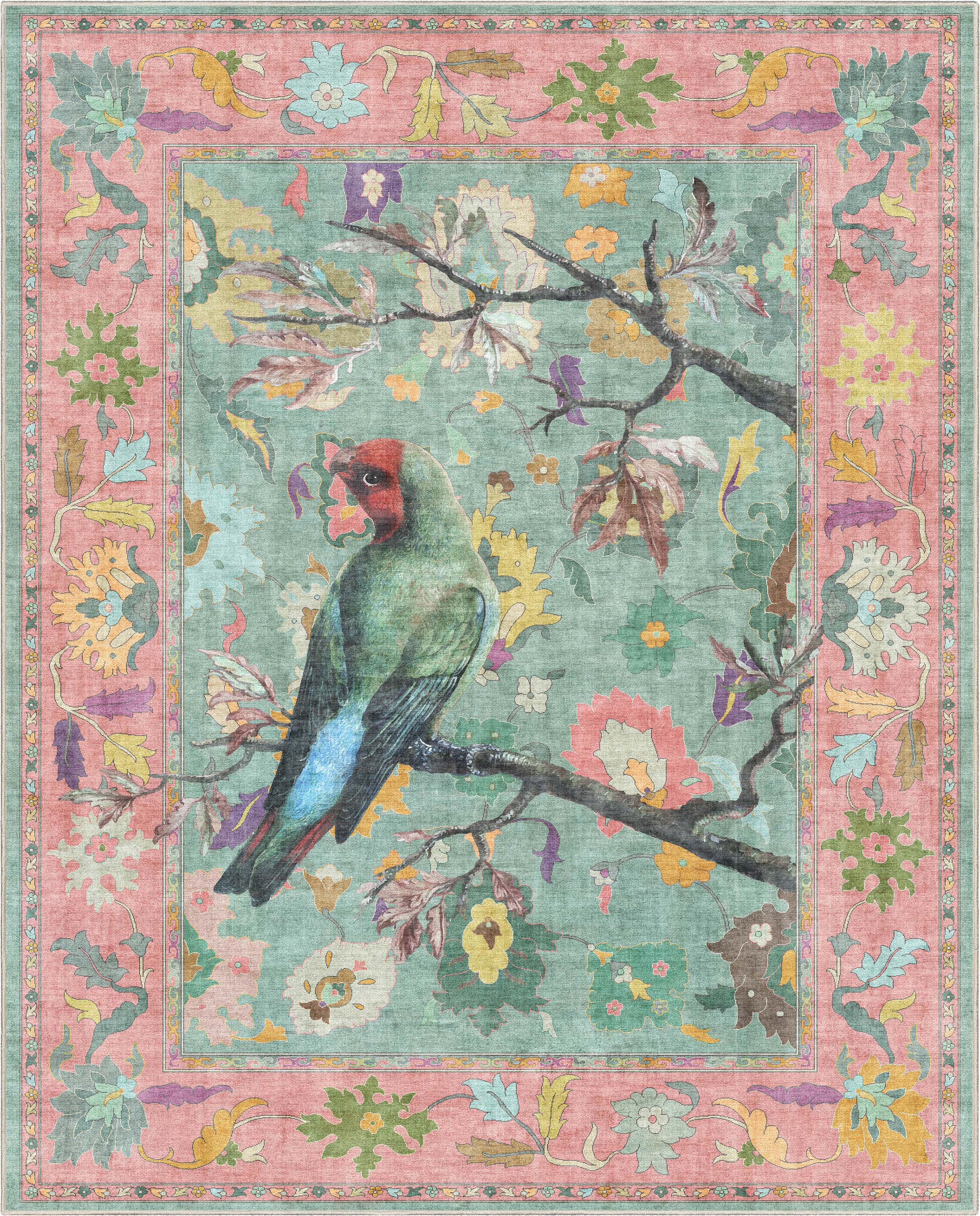 Apollo Botanical Birds Ushak Tropical Green Multi Color Rug Perfect for Living Room, Dining Room, Bedroom and Kitchen