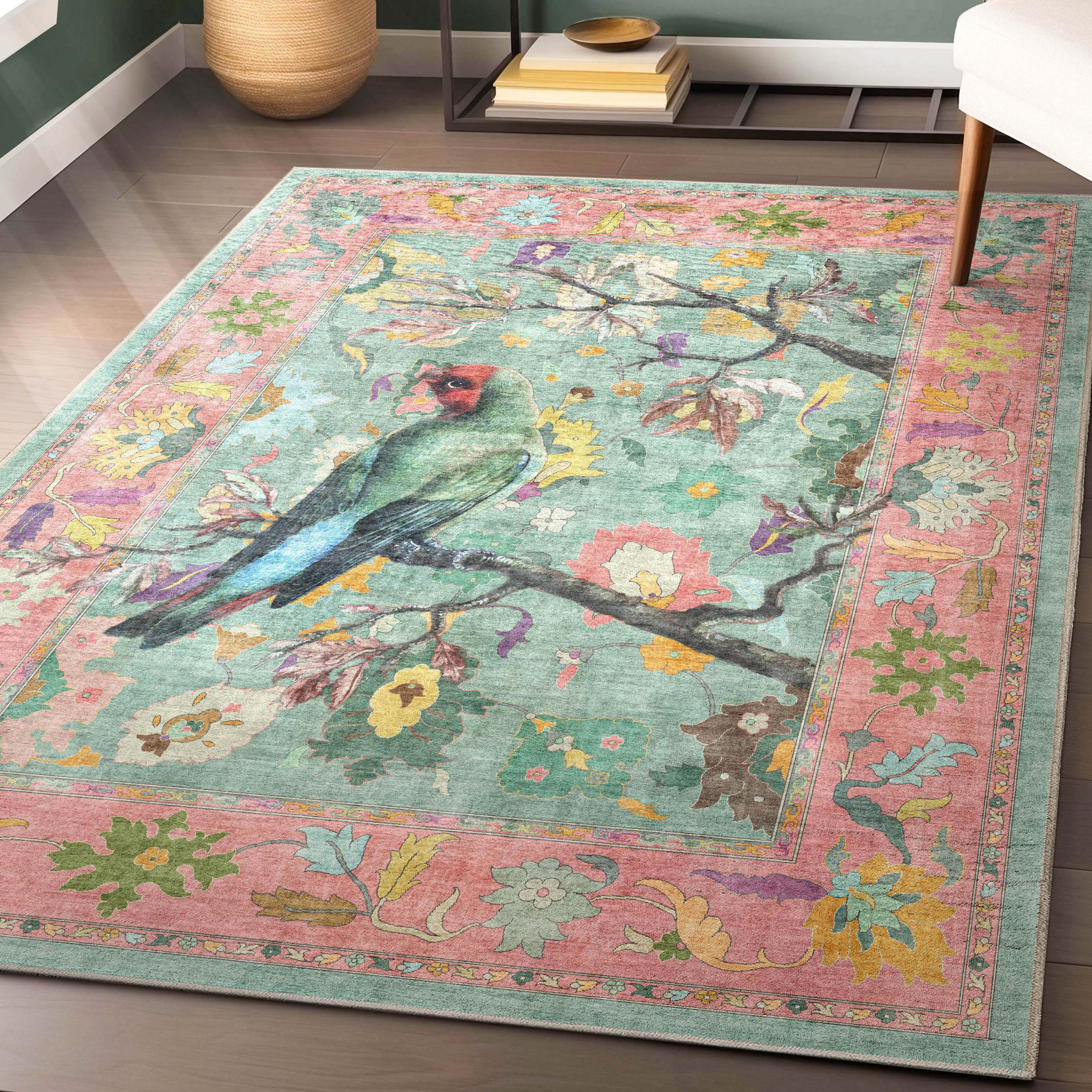 Apollo Botanical Birds Ushak Tropical Green Multi Color Rug Perfect for Living Room, Dining Room, Bedroom and Kitchen