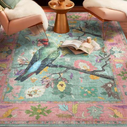 Apollo Botanical Birds Ushak Tropical Green Multi Color Rug Perfect for Living Room, Dining Room, Bedroom and Kitchen