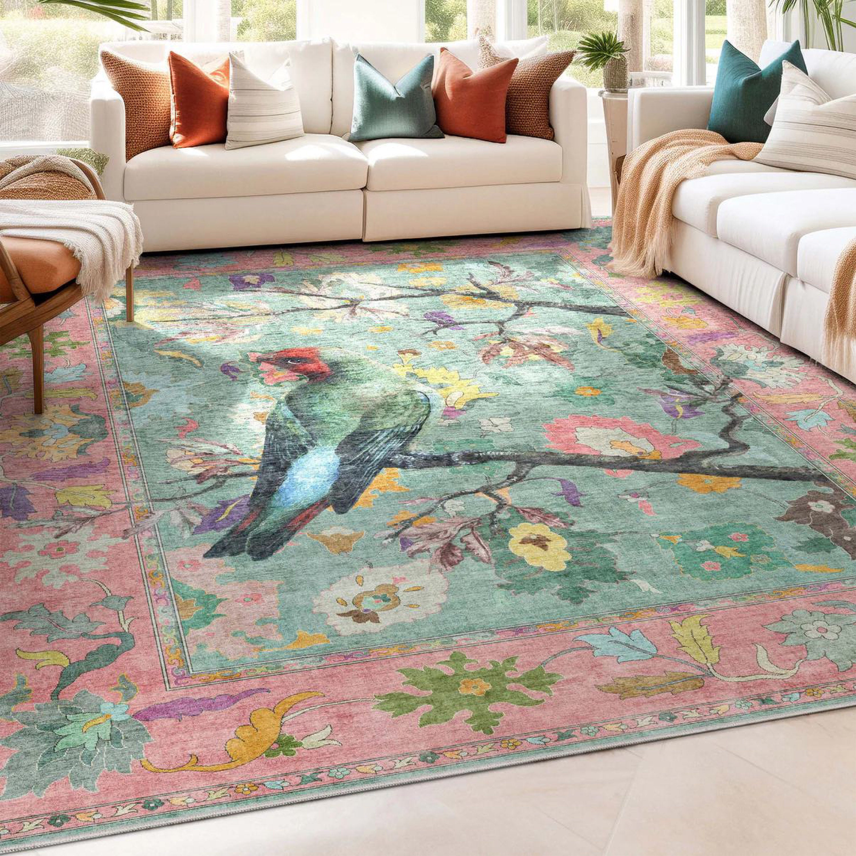 Apollo Botanical Birds Ushak Tropical Green Multi Color Rug Perfect for Living Room, Dining Room, Bedroom and Kitchen