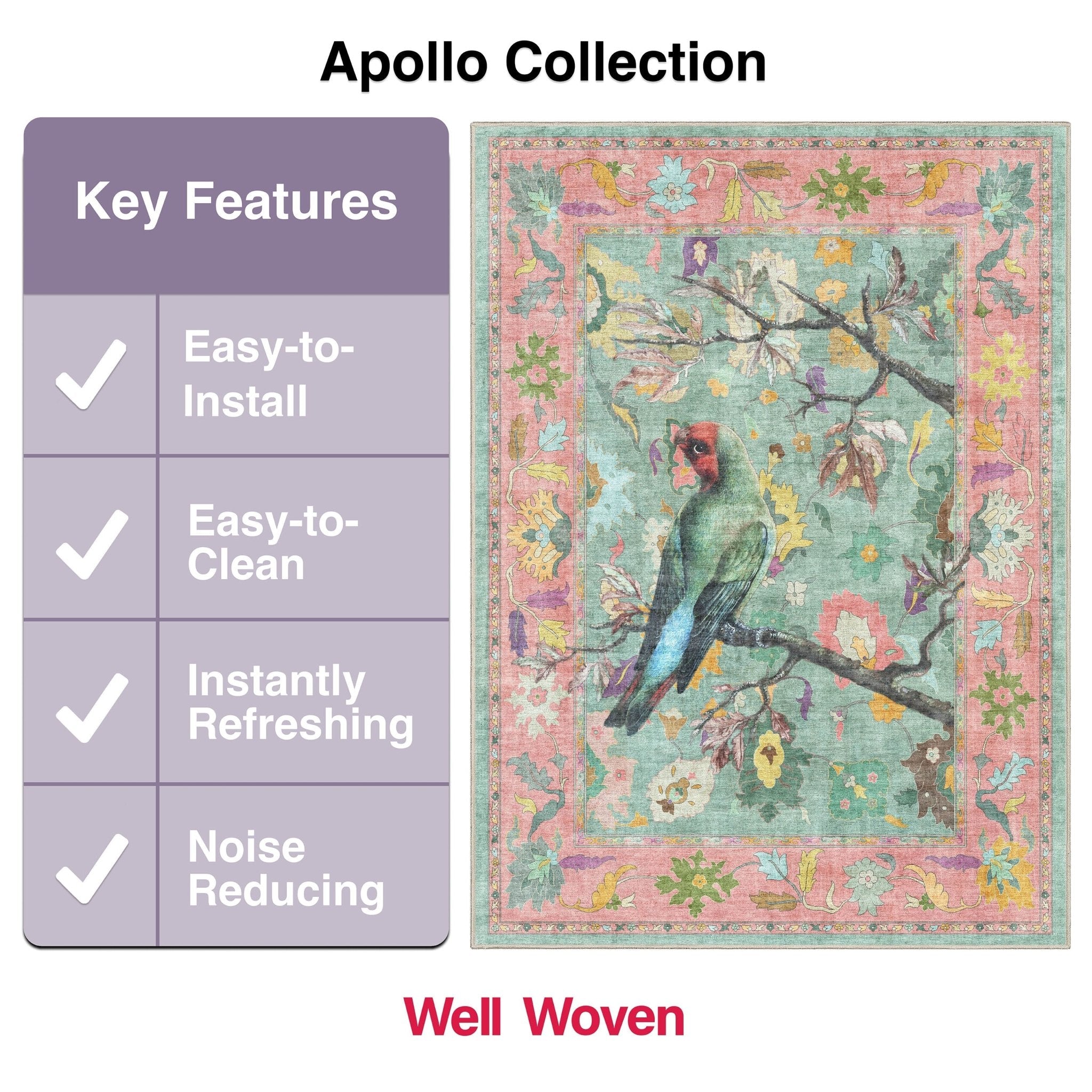Apollo Botanical Birds Ushak Tropical Green Multi Color Rug Perfect for Living Room, Dining Room, Bedroom and Kitchen Well Woven