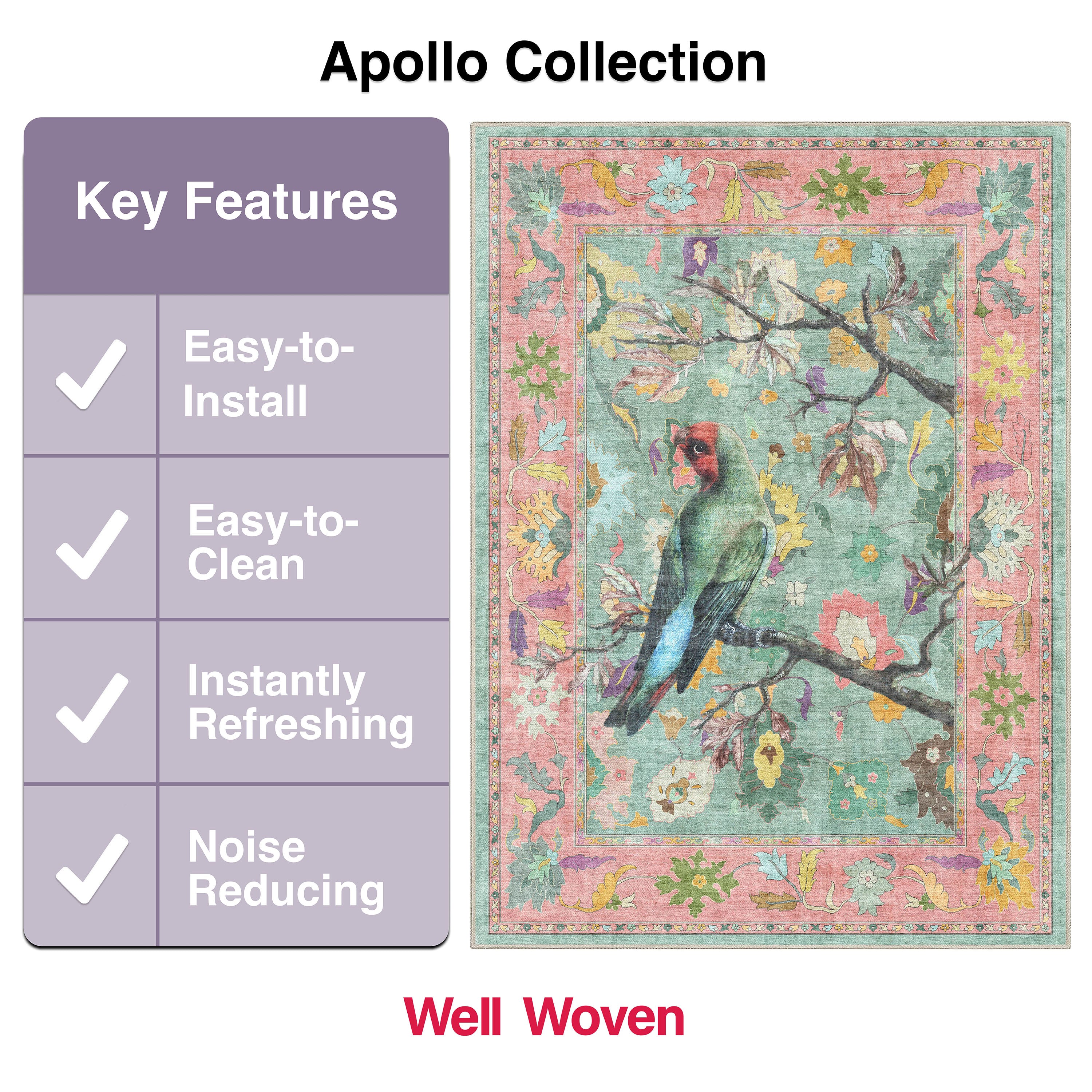 Apollo Botanical Birds Ushak Tropical Green Multi Color Rug Perfect for Living Room, Dining Room, Bedroom and Kitchen