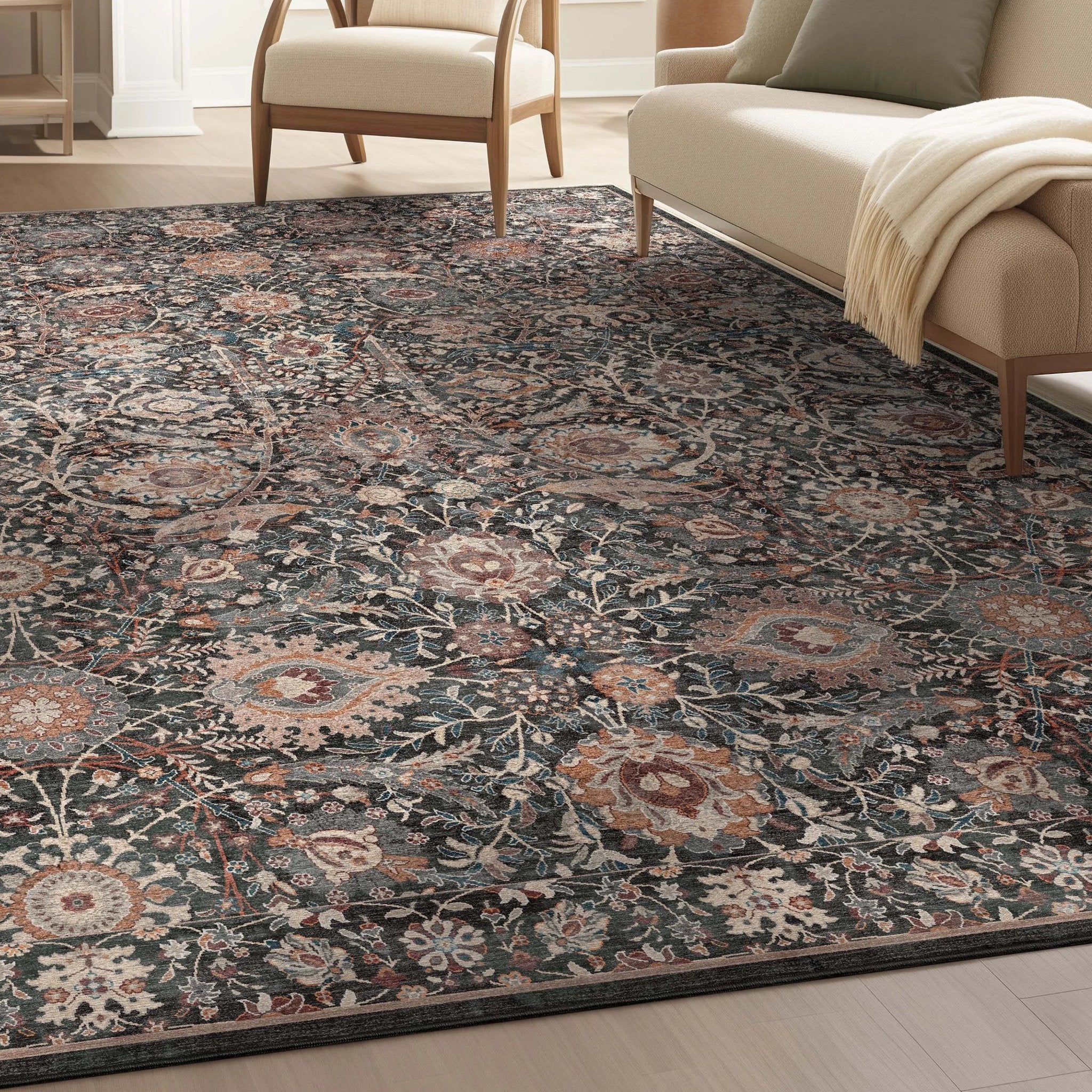 Liana Vintage Oriental Charcoal Grey Flat-Weave Rug Well Woven