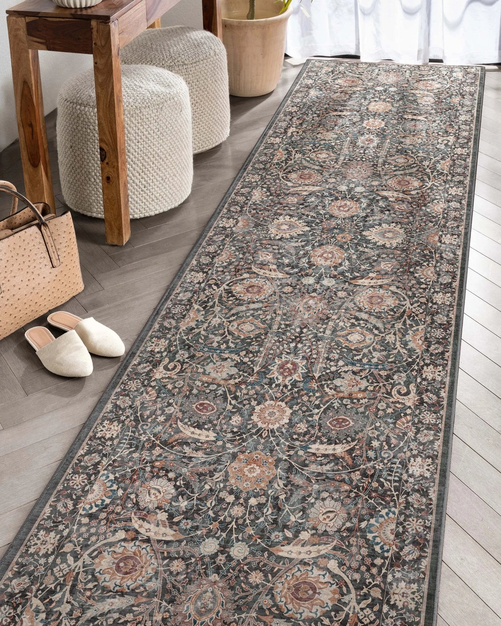 Liana Vintage Oriental Charcoal Grey Flat-Weave Rug Well Woven