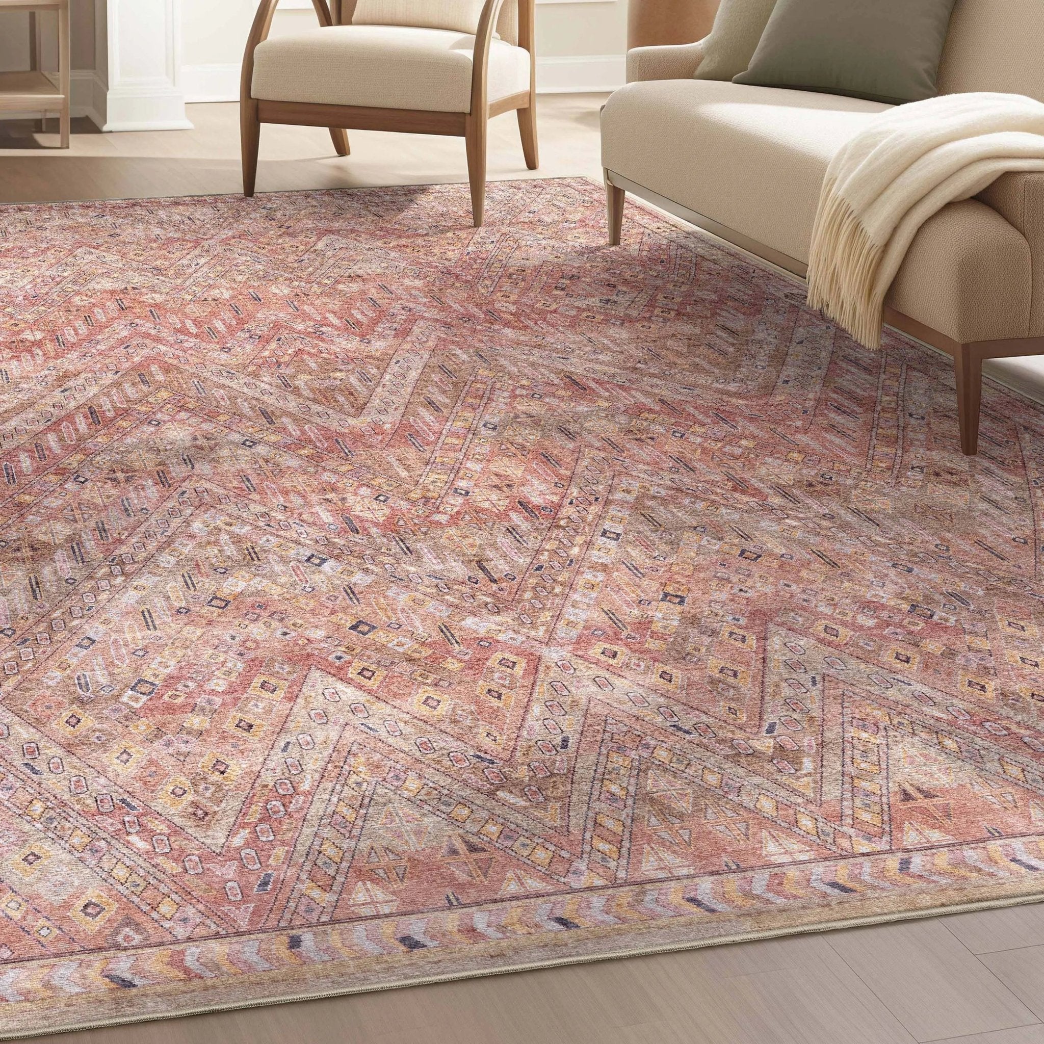 Anya Vintage Tribal Chevron Pink Beige Rust Flat-Weave Rug Well Woven