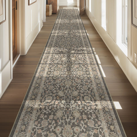 Custom Size Hallway & Stair Runner Rome Vintage Oriental Floral, Pastel Charcoal Brown Choose Your Width x Choose Your Runner Length