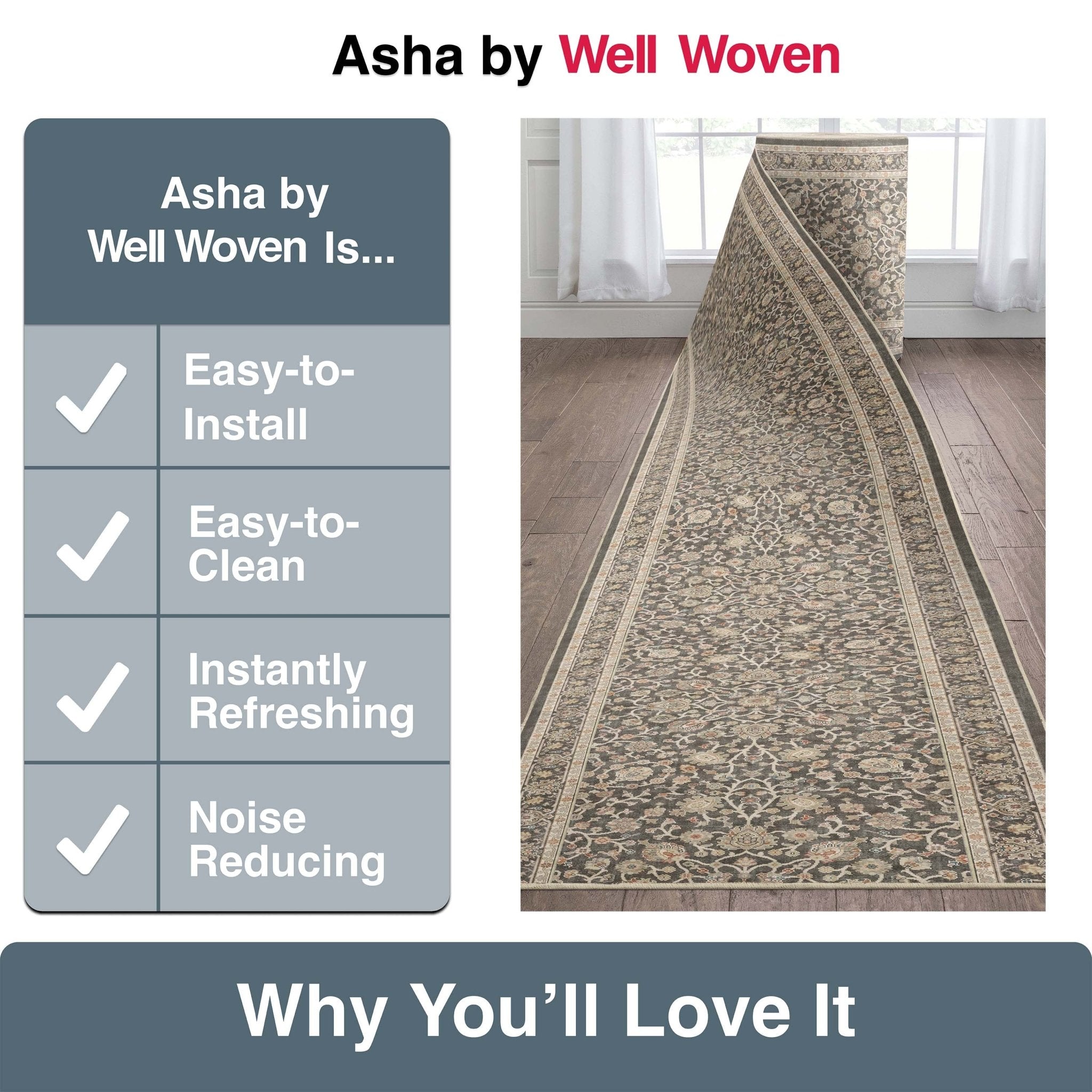 Custom Size Hallway & Stair Runner Rome Vintage Oriental Floral, Pastel Charcoal Brown Choose Your Width x Choose Your Runner Length Well Woven