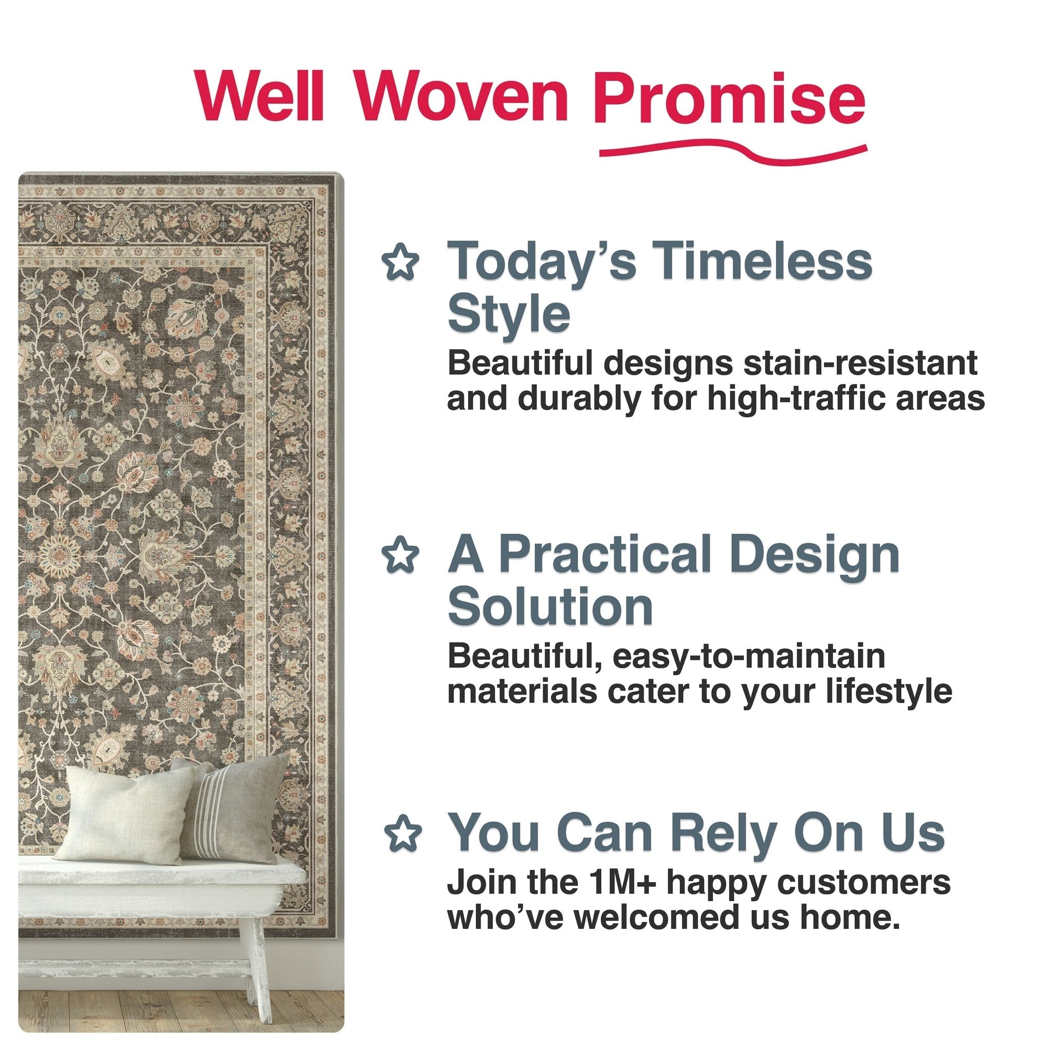 Custom Size Hallway & Stair Runner Rome Vintage Oriental Floral, Pastel Charcoal Brown Choose Your Width x Choose Your Runner Length Well Woven
