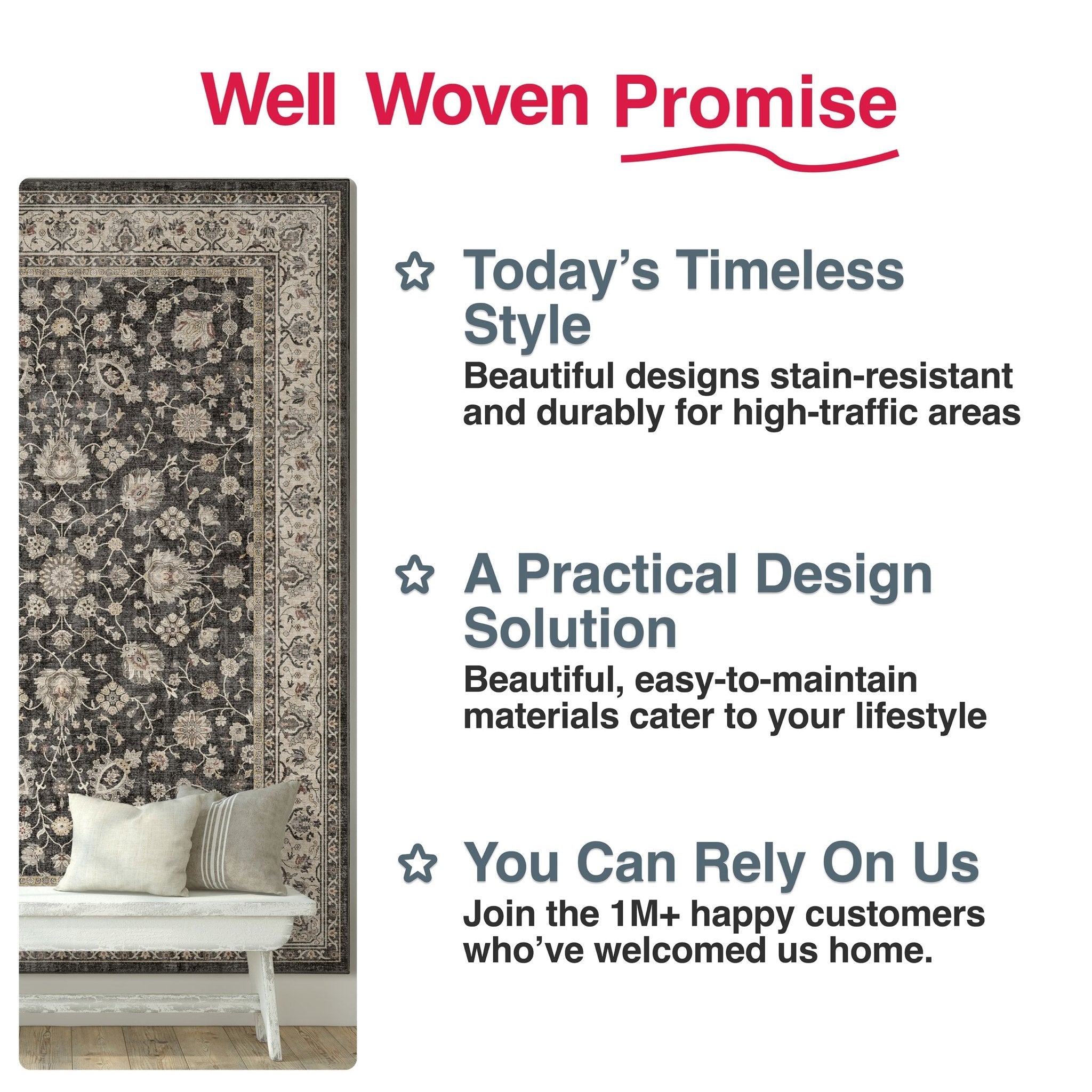Custom Size Hallway & Stair Runner Rome Vintage Oriental Floral Black Choose Your Width x Choose Your Runner Length Well Woven