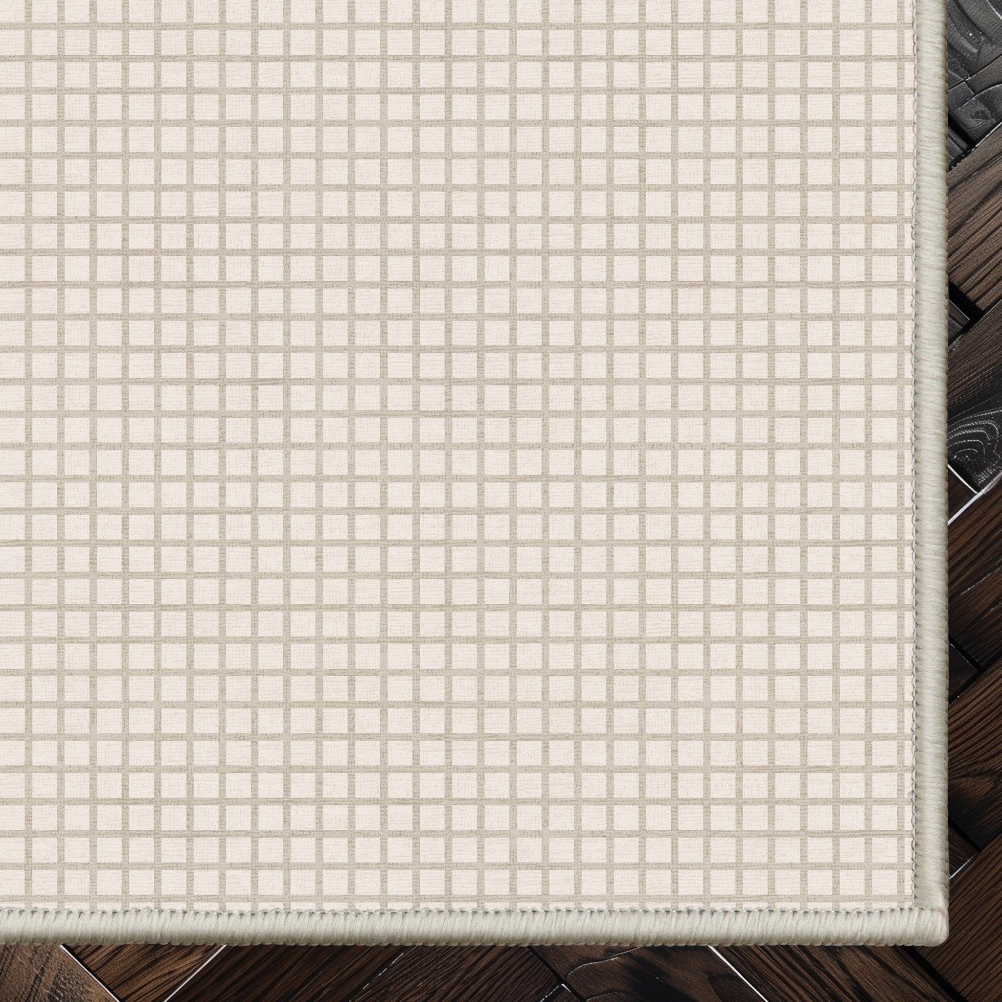 Ulfred Custom Rug - Monochrome Grid , Low Pile, Easy  Clean, Personalized Sizes - Well Woven - cream rug corner on dark wood floor