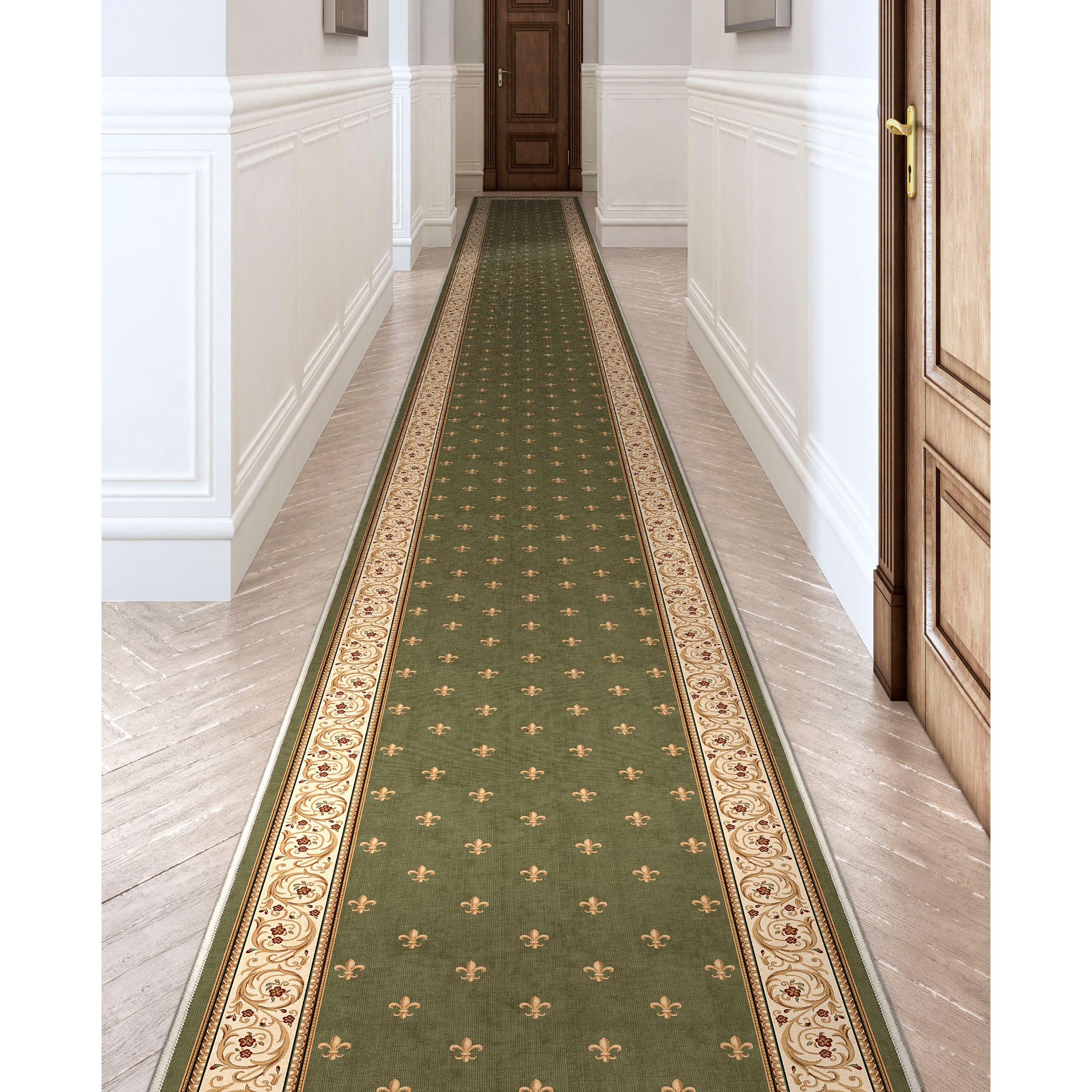 Custom Size Runner Fleur De Lis Traditional Green Choose Your Width x Choose Your Length Hallway Runner Rug