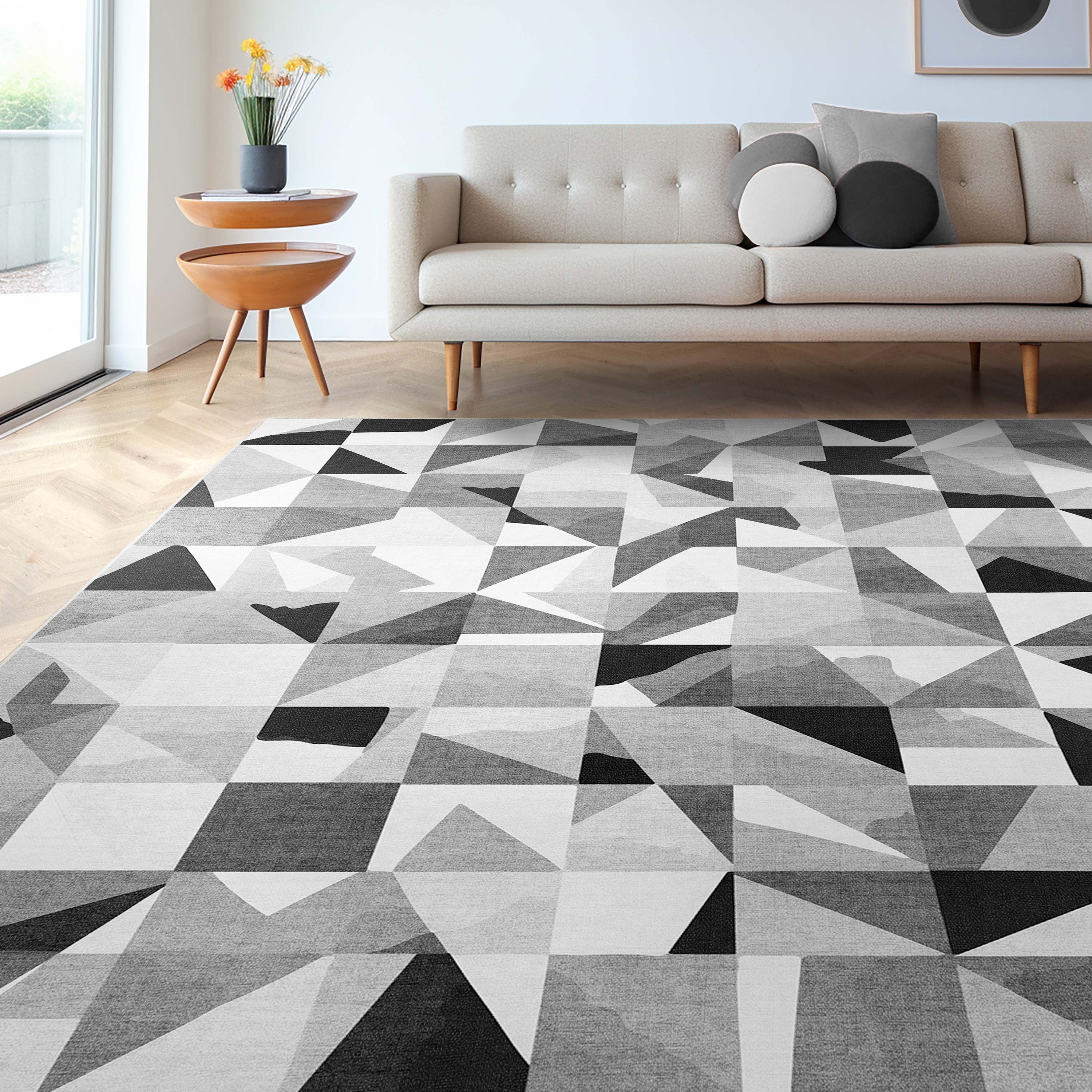 Mid-Century Modern Geometric Black & White Mosaic Pattern Flat Pile Rug