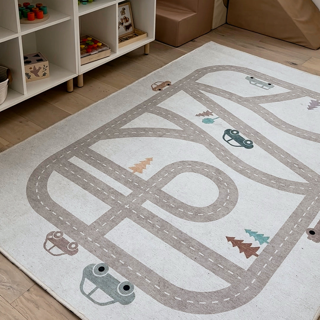 Playful Roads Modern Grey Area Flat-Weave Rug