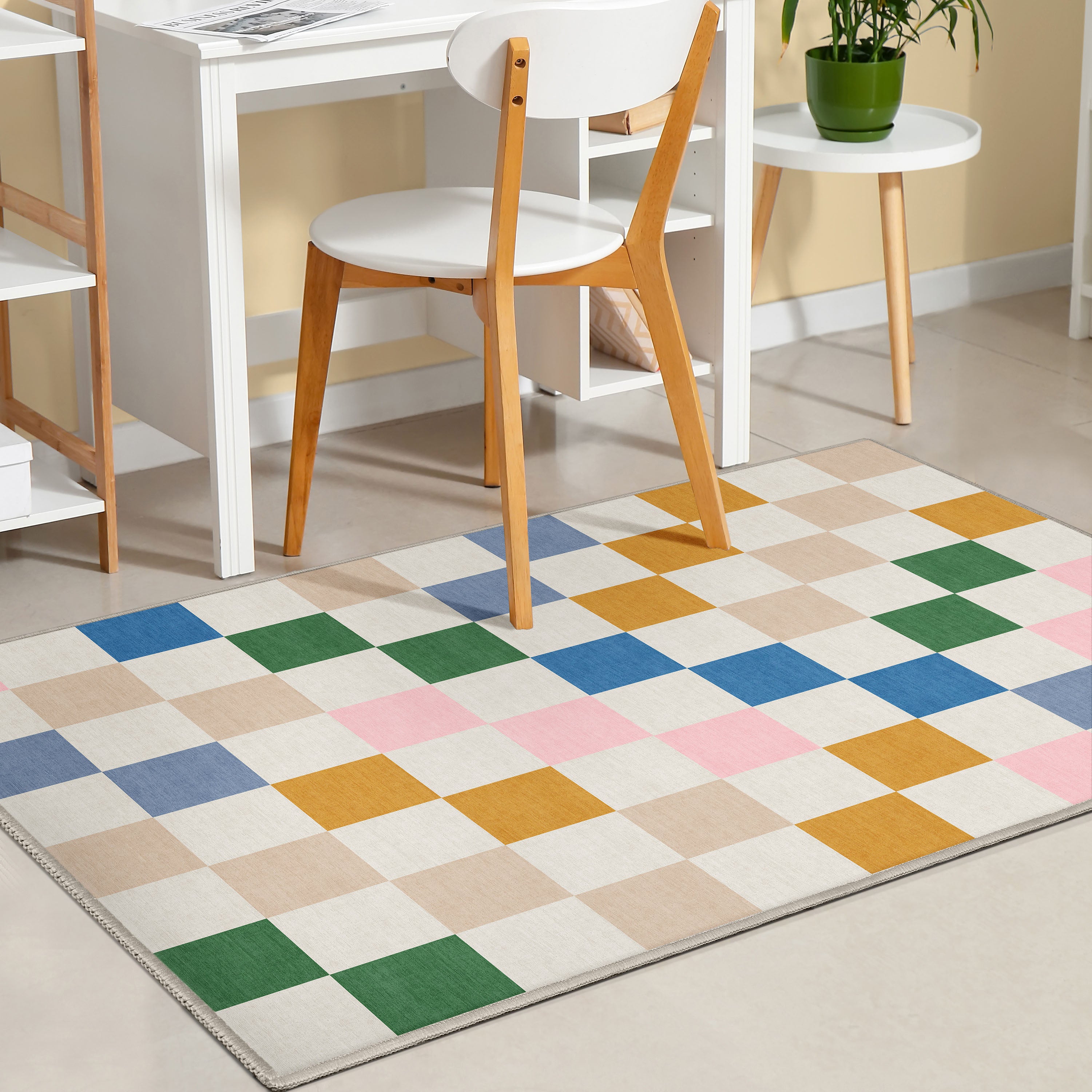 Squares Modern Multi Color Checkered Flat-Weave Kids Rug