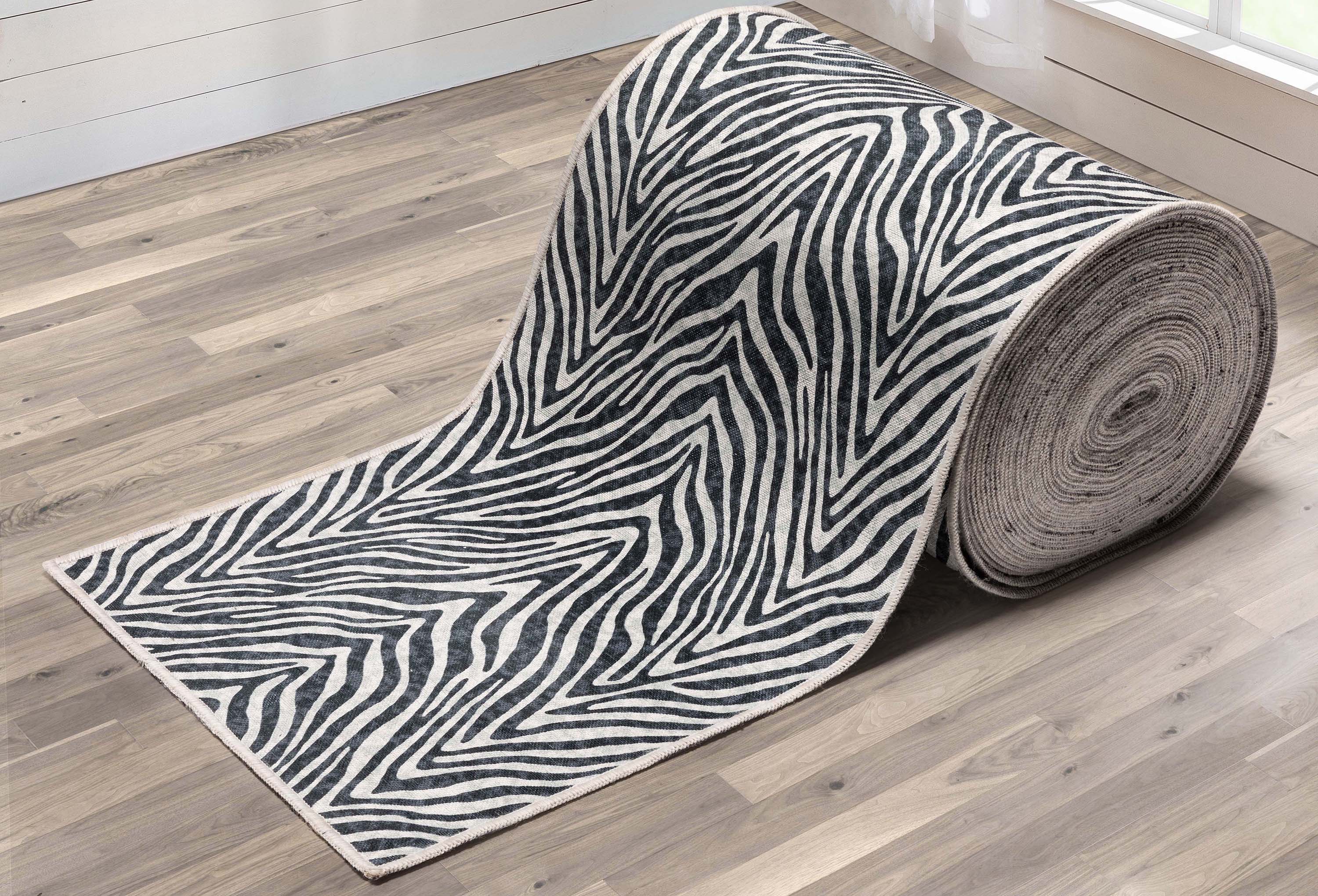 Custom Size Runner Modern Zebra Print Black Choose Your Width x Choose Your Length Hallway Runner Rug