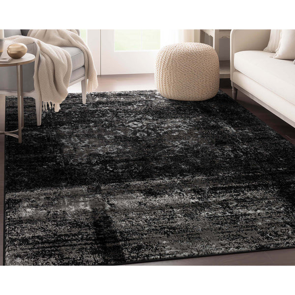 Thiva Vintage Oriental Floral Pattern Black Rug