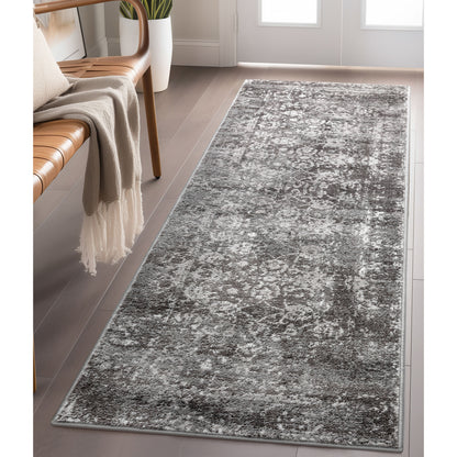 Thiva Vintage Oriental Floral Pattern Grey Rug