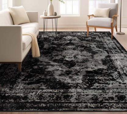 Patras Vintage Oriental Medallion Black Rug