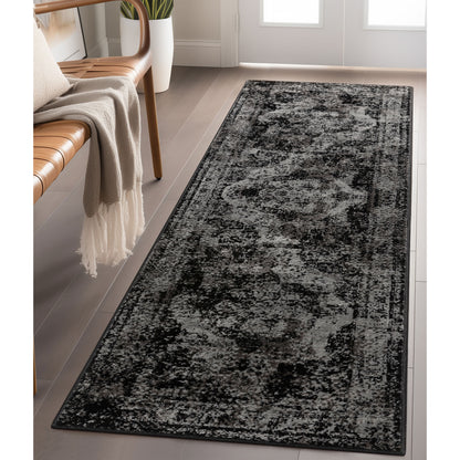 Patras Vintage Oriental Medallion Black Rug