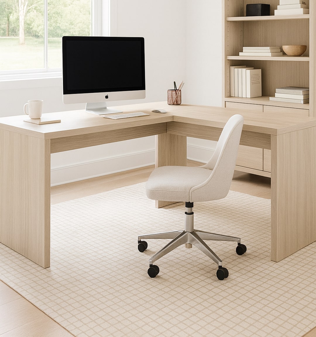 Modern home office with a L-shaped desk, chair, and computer setup. A beige grid-pattern rug anchors the room.