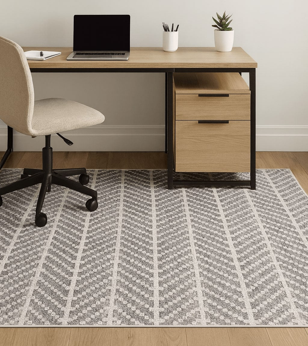 Wooden office desk with chair, laptop, and decor items on a grey and beige chevron patterned rug.