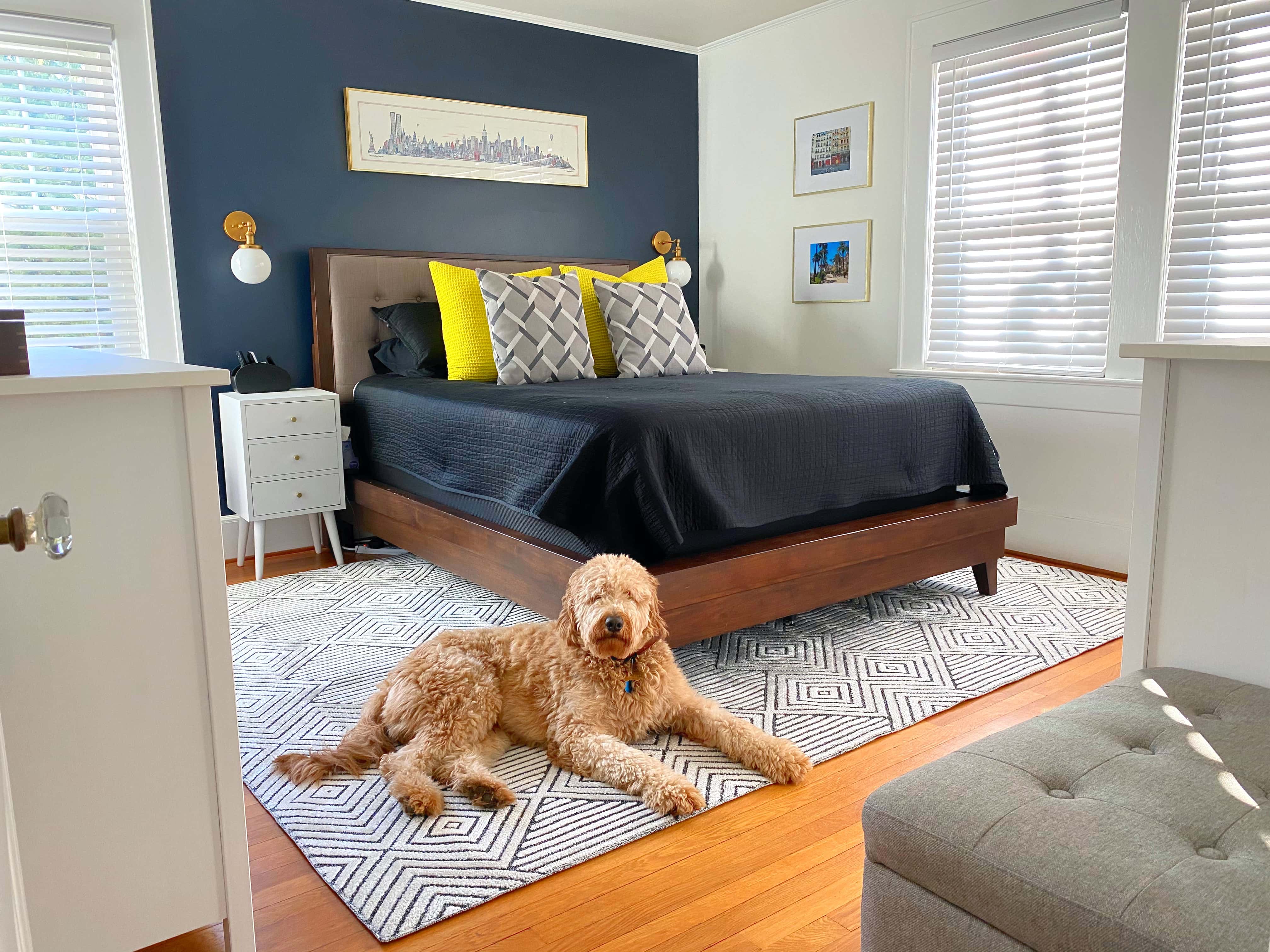 Dog lying on a geometric rug in a bedroom with a bed, nightstands, and decor.
