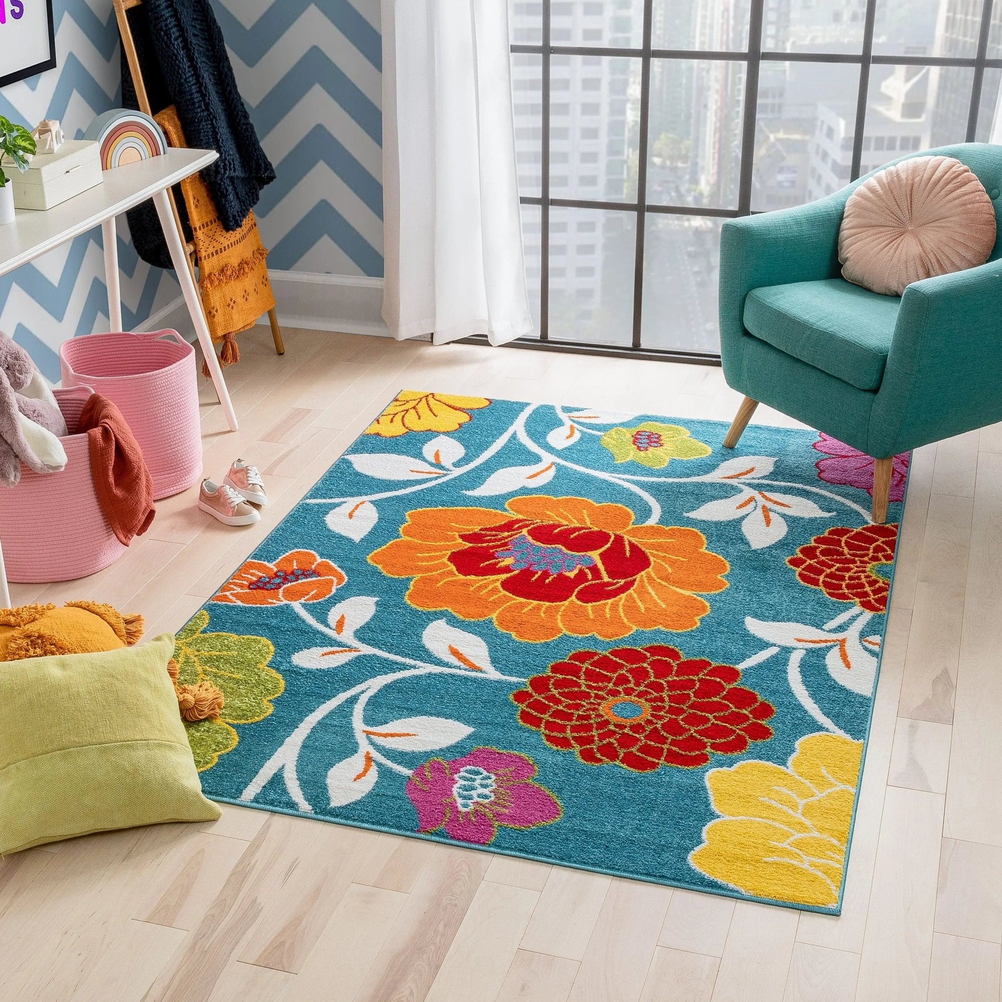 Starbright Daisy Flowers Blue Rug Well Woven