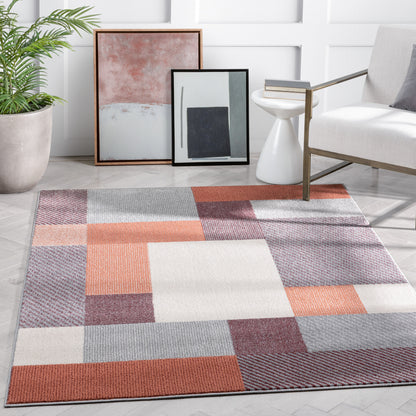 Wilma Modern Geometric Squares Blush Grey Rug